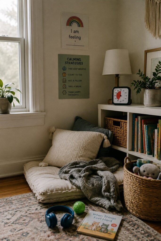 Calm corner shelf with ear defenders, a strategies poster, a visual timer and a floor cushion