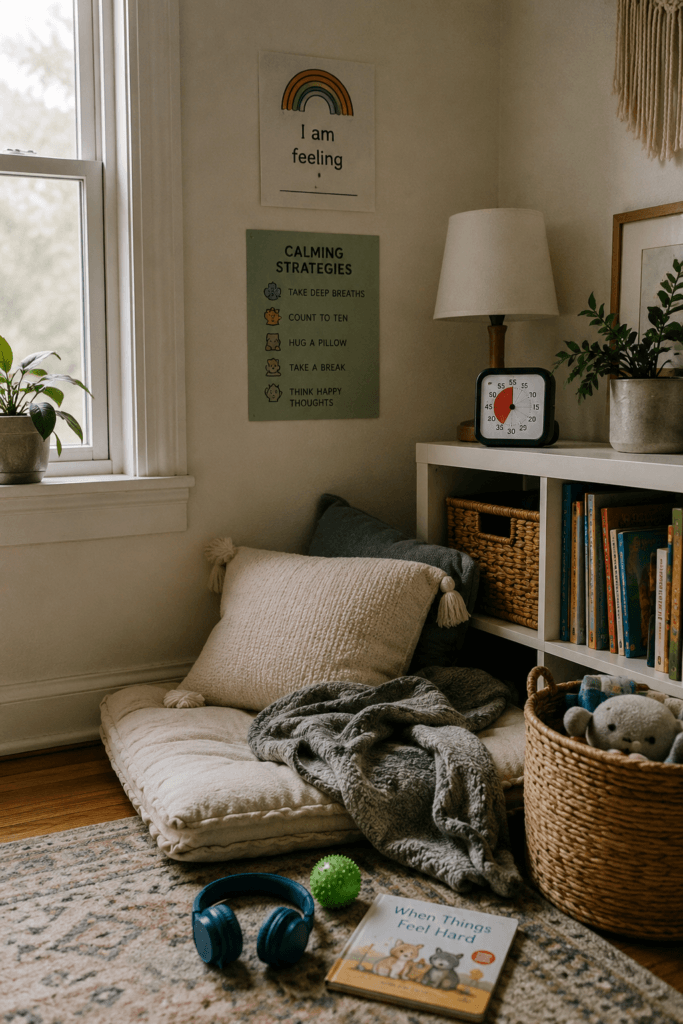 A calming strategies poster and an 'I am feeling' poster hang on the wall above a cozy reading nook with cushions, a time timer, and a basket of books
