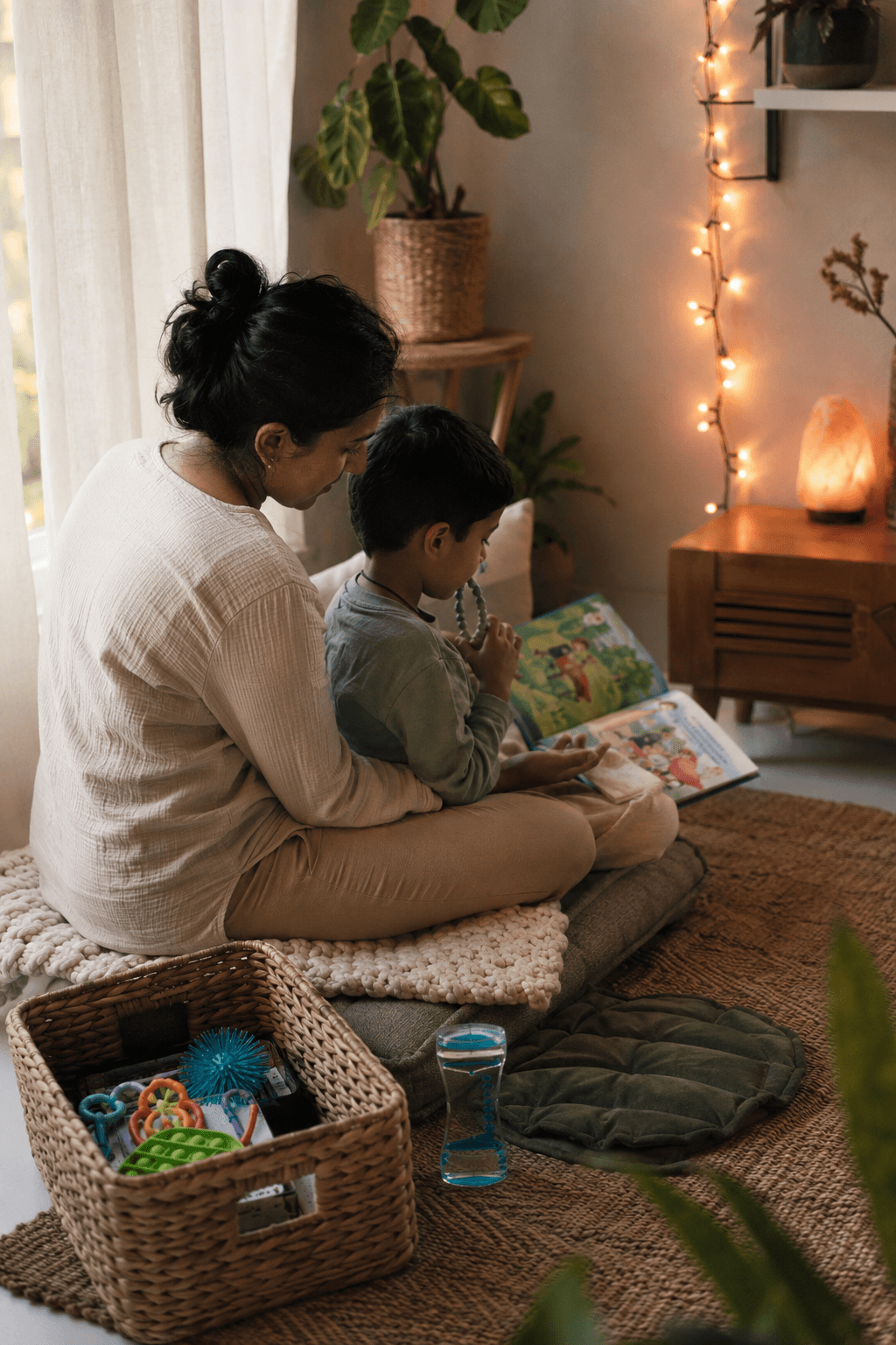 Mother reading with her son in a cozy calm corner beside a basket of sensory tools and warm fairy lights