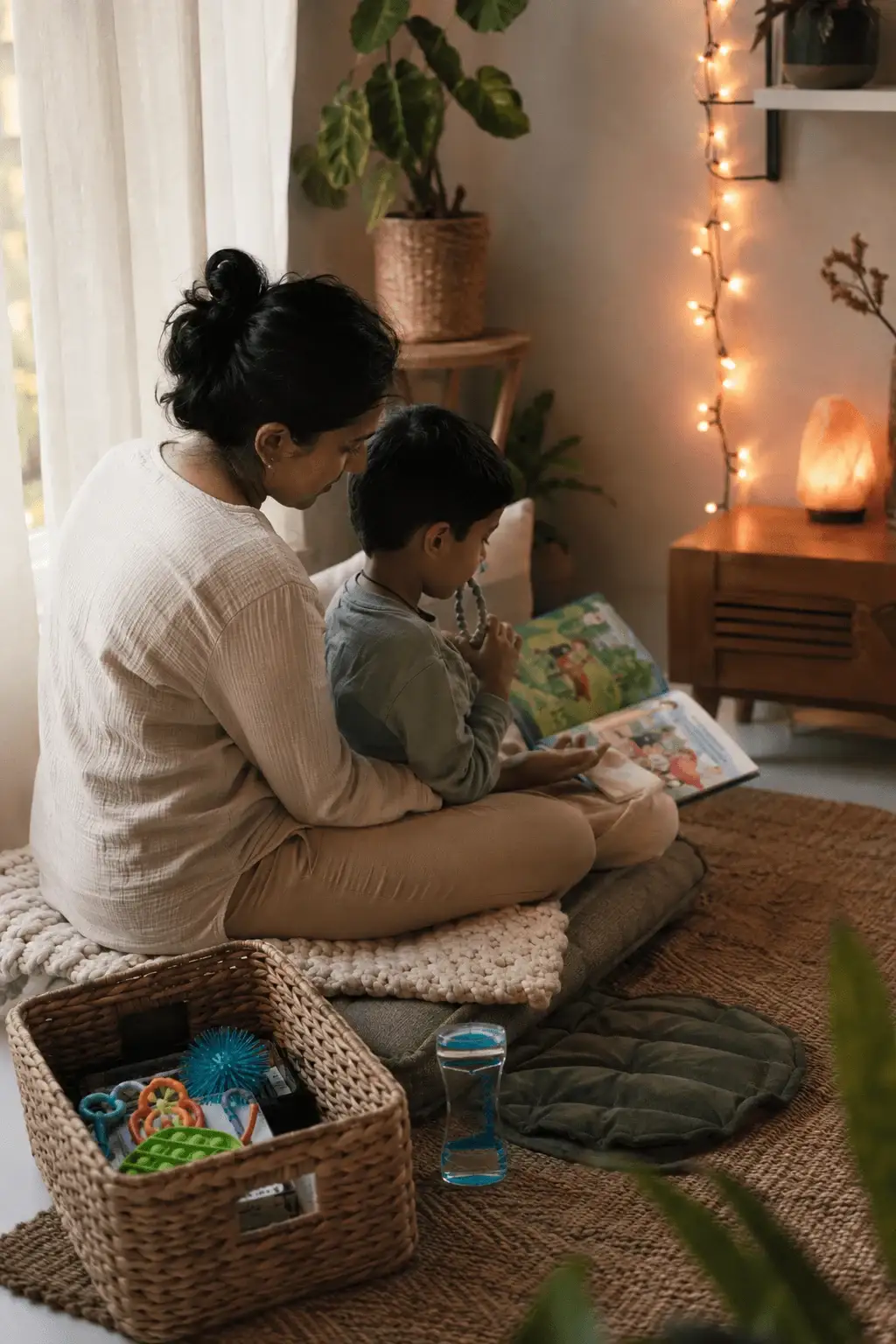 Mother reading with her son in a cozy calm corner beside a basket of sensory tools and warm fairy lights