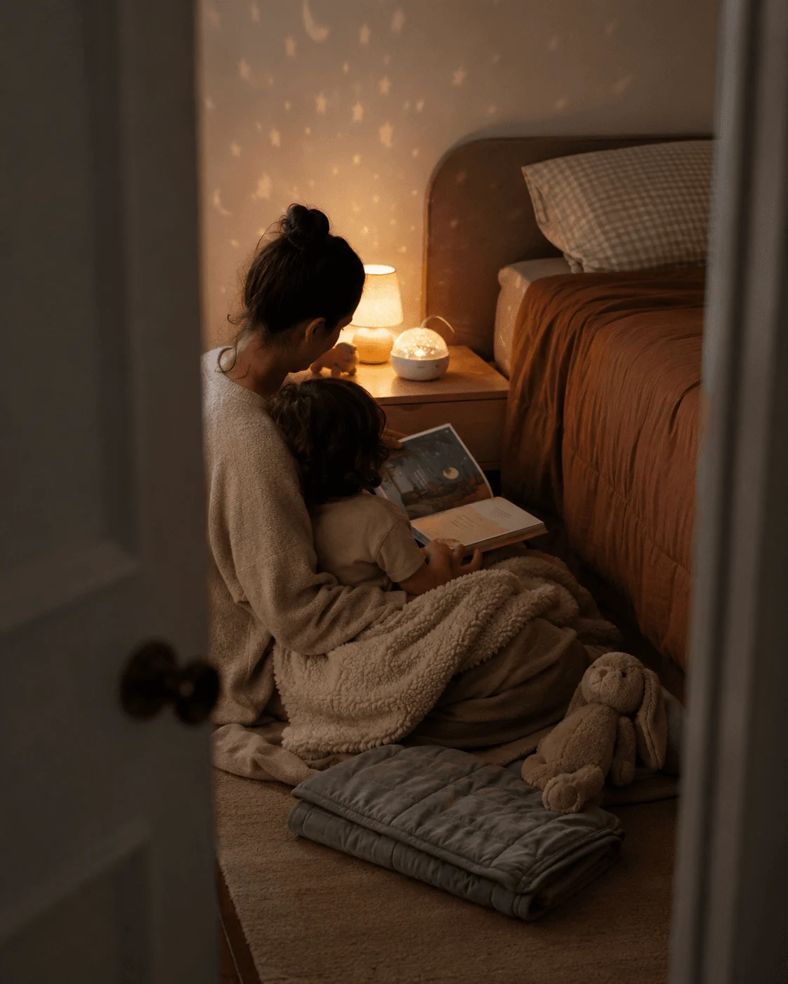 A mother sits beside her young daughter's bed at night, a small star projector casting soft light across the wall