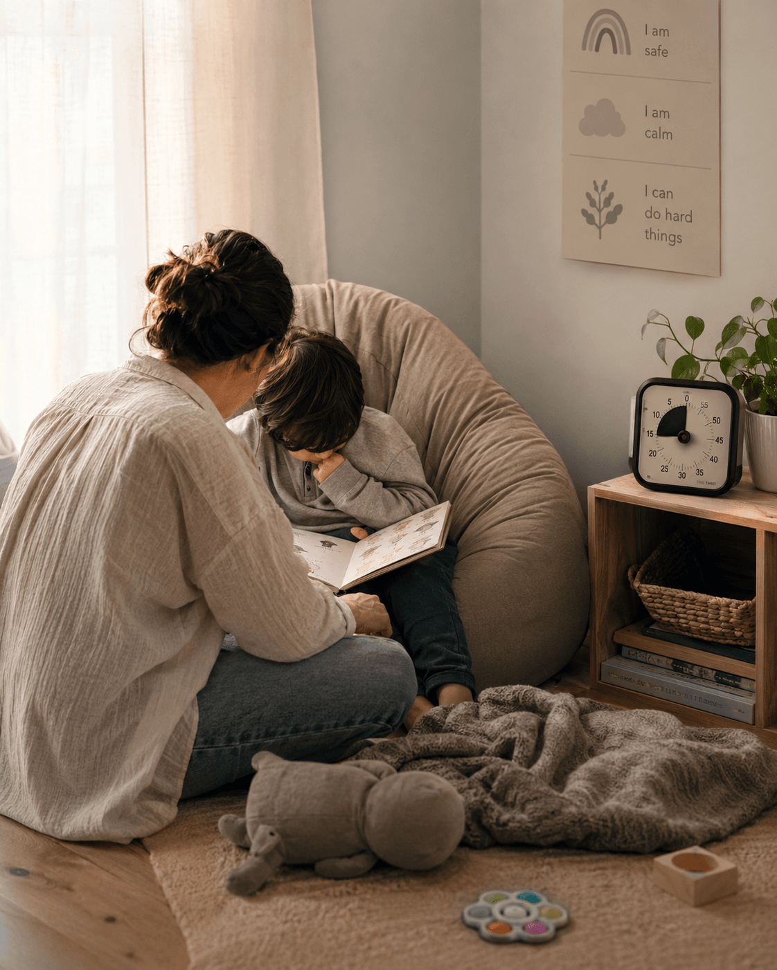 A mother and young son sit together in a cozy calm down corner with a bean bag chair, affirmation cards and a visual timer
