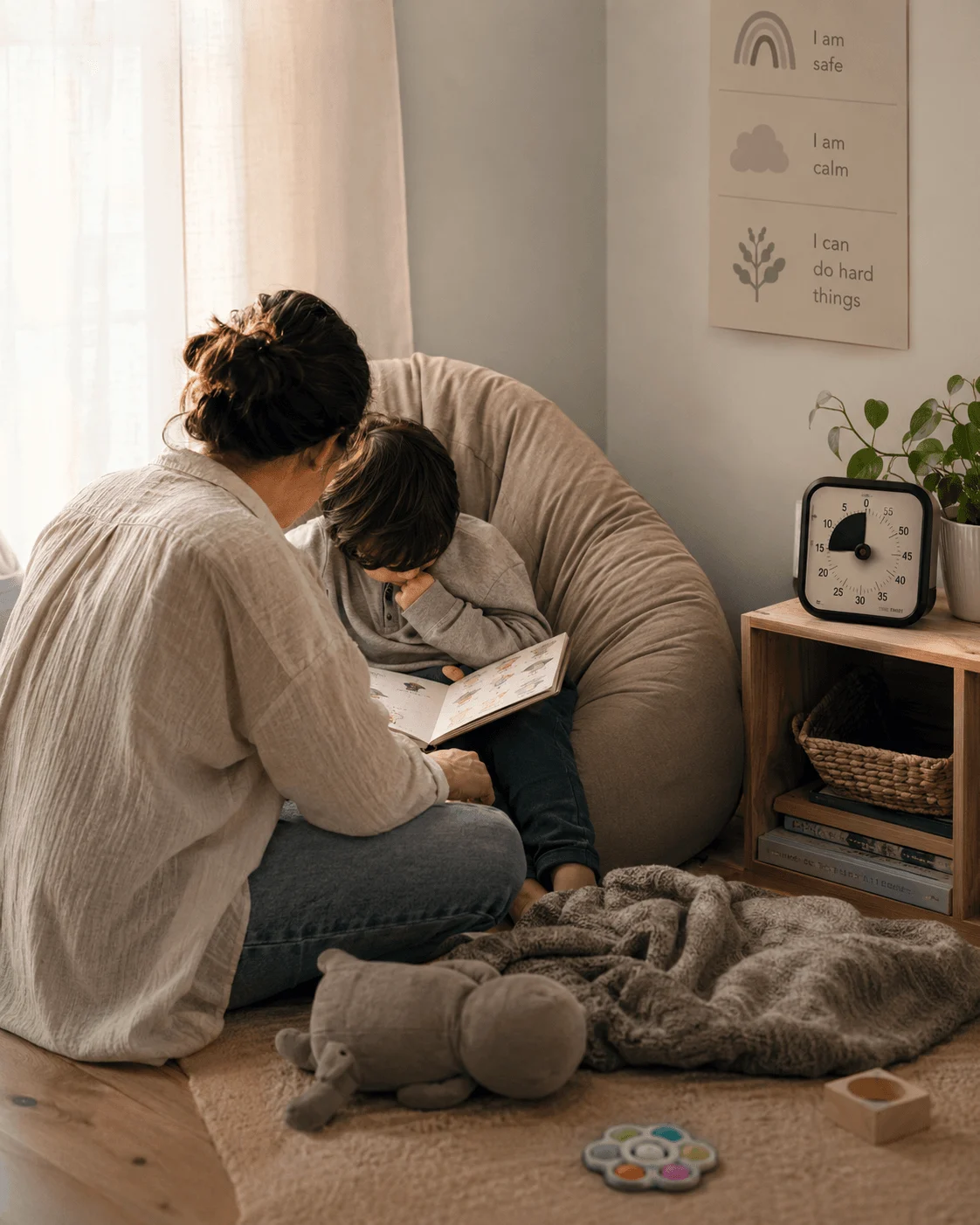 A mother and young son sit together in a cozy calm down corner with a bean bag chair, affirmation cards and a visual timer