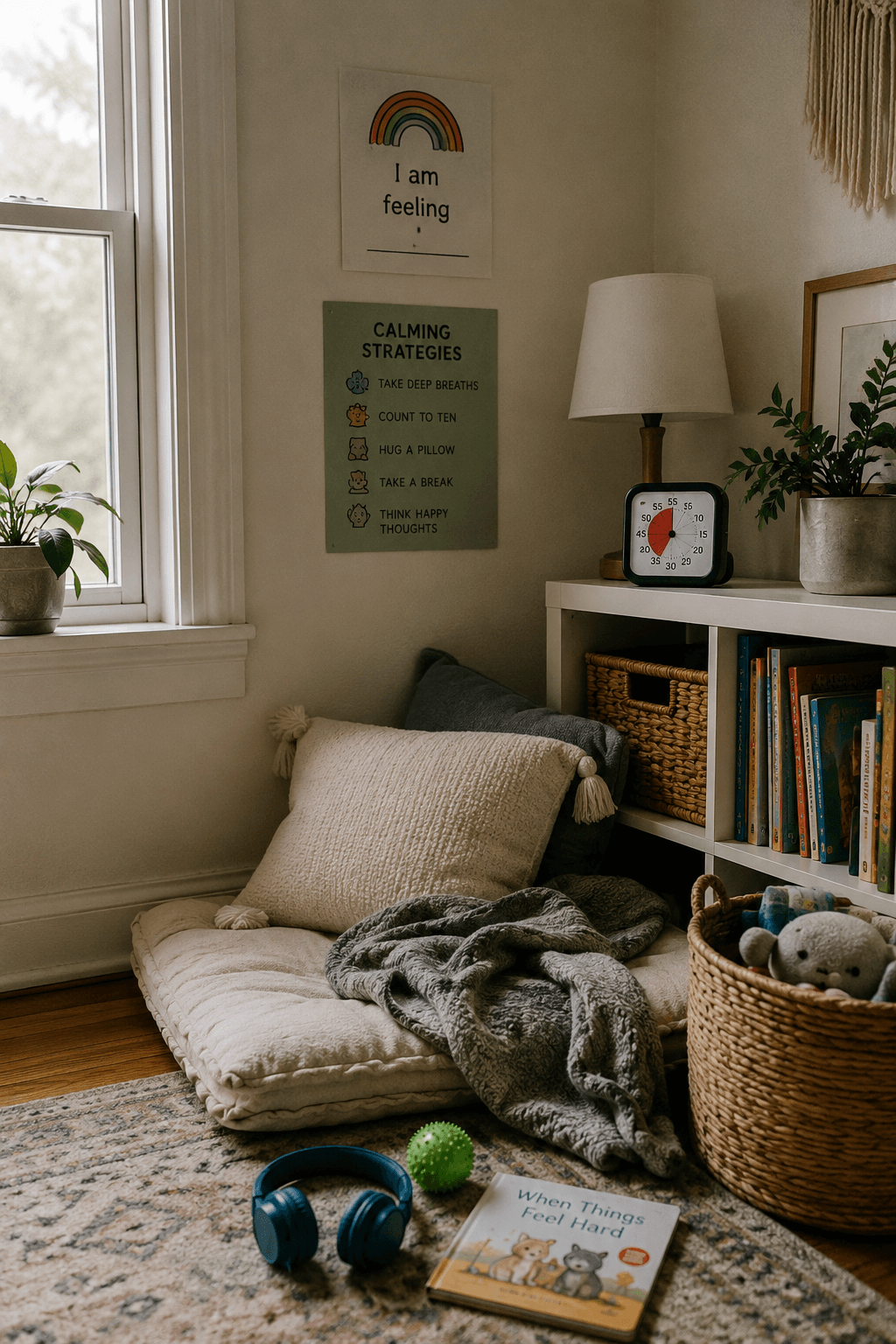 A calm down corner with a floor cushion, blue headphones, a visual timer, a calming-strategies poster and a low bookshelf