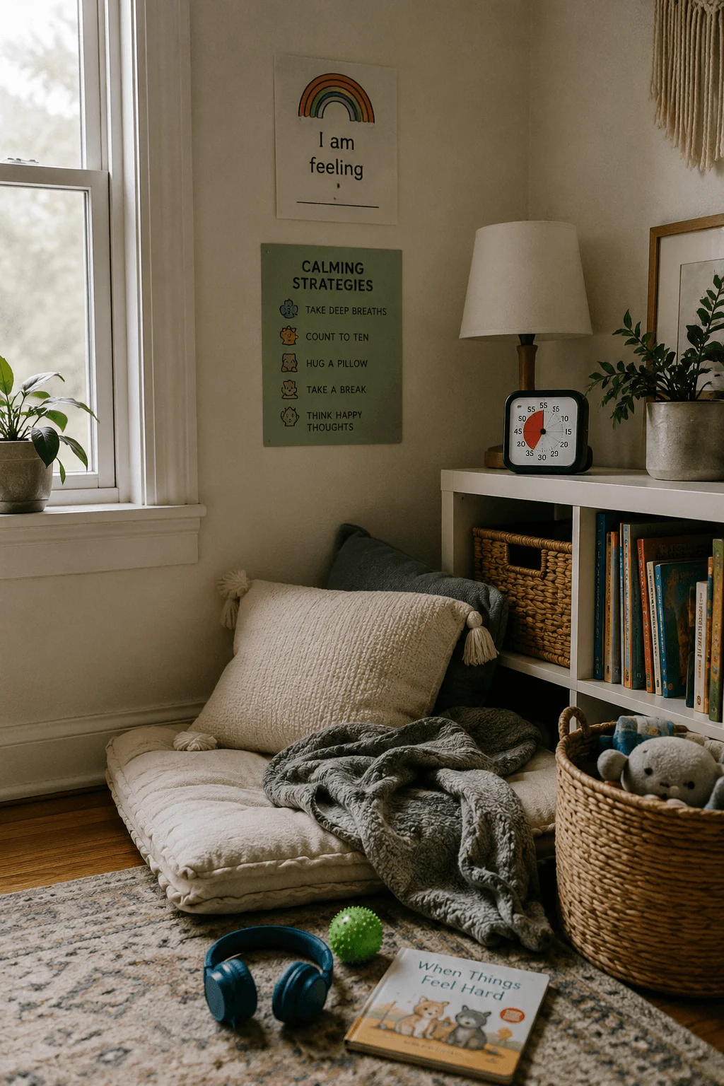 A calm down corner with a floor cushion, blue headphones, a visual timer, a calming-strategies poster and a low bookshelf