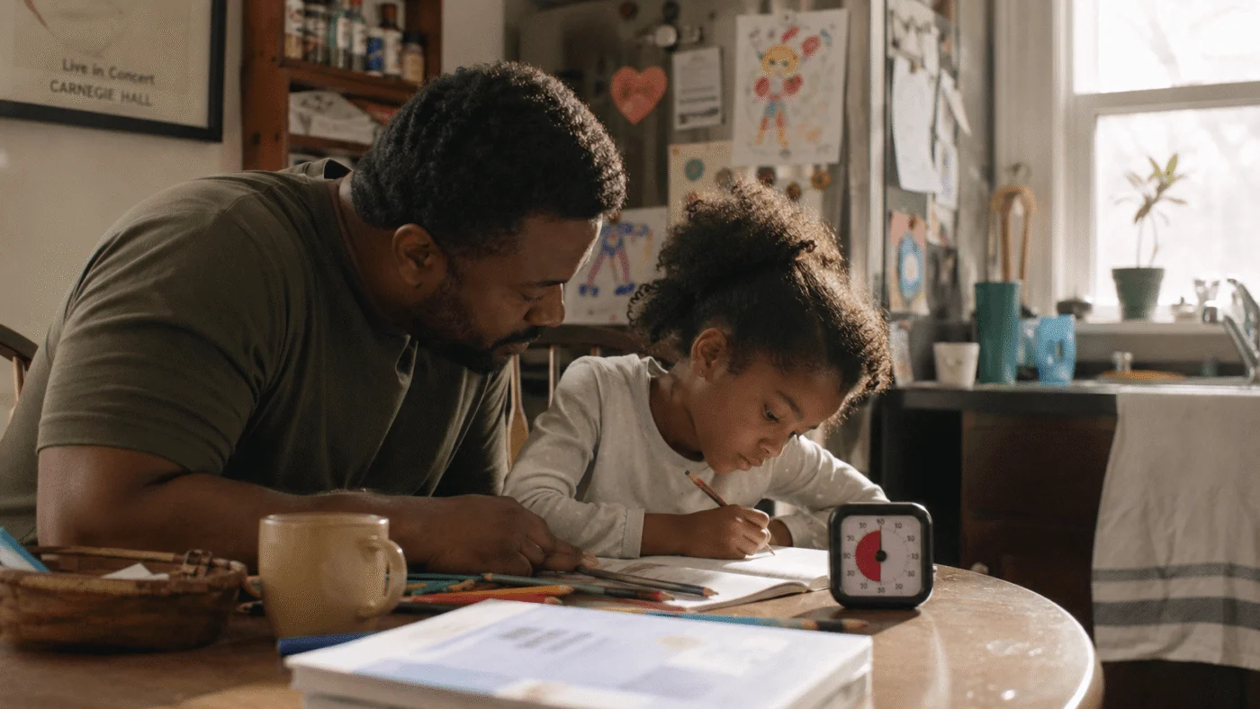 A father and his daughter sit together on the floor of a small New York apartment, evening light coming through the window behind them