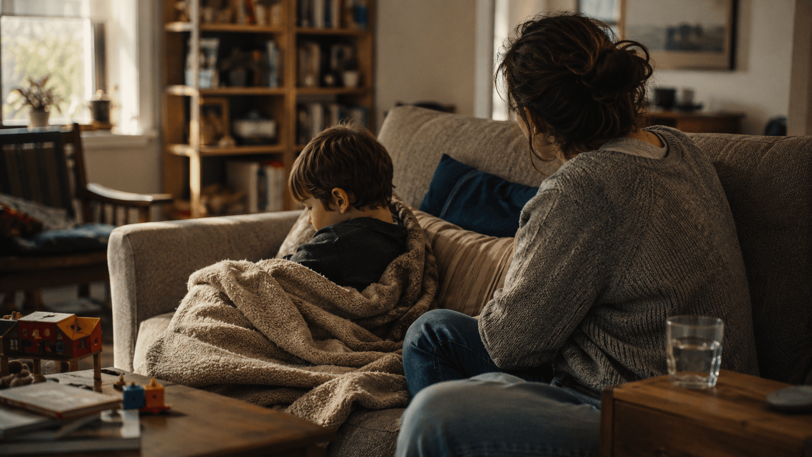 Mother and son cuddled under a weighted blanket on a living room sofa