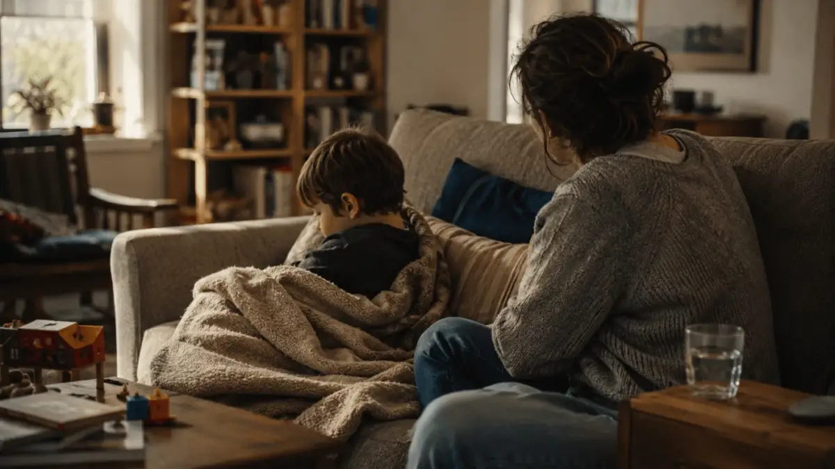 Mother and son cuddled under a weighted blanket on a living room sofa