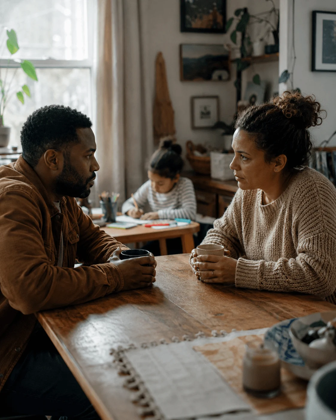Two parents sit across a kitchen table with mugs, talking seriously, while their daughter works at a small table behind them
