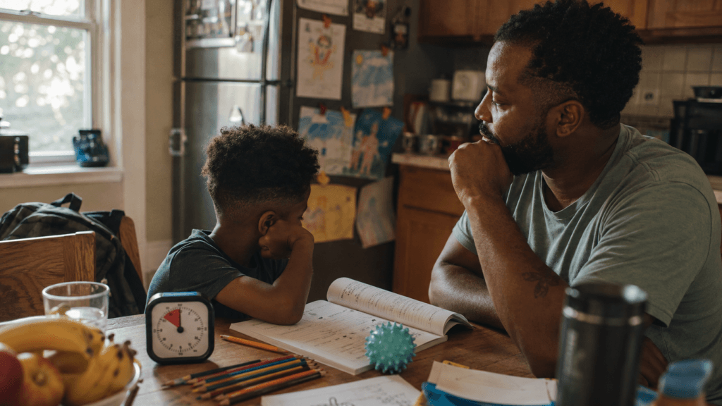 A discouraged boy rests his head on his hand over a workbook at the kitchen table while his father sits close beside him, listening without rushing to fix it