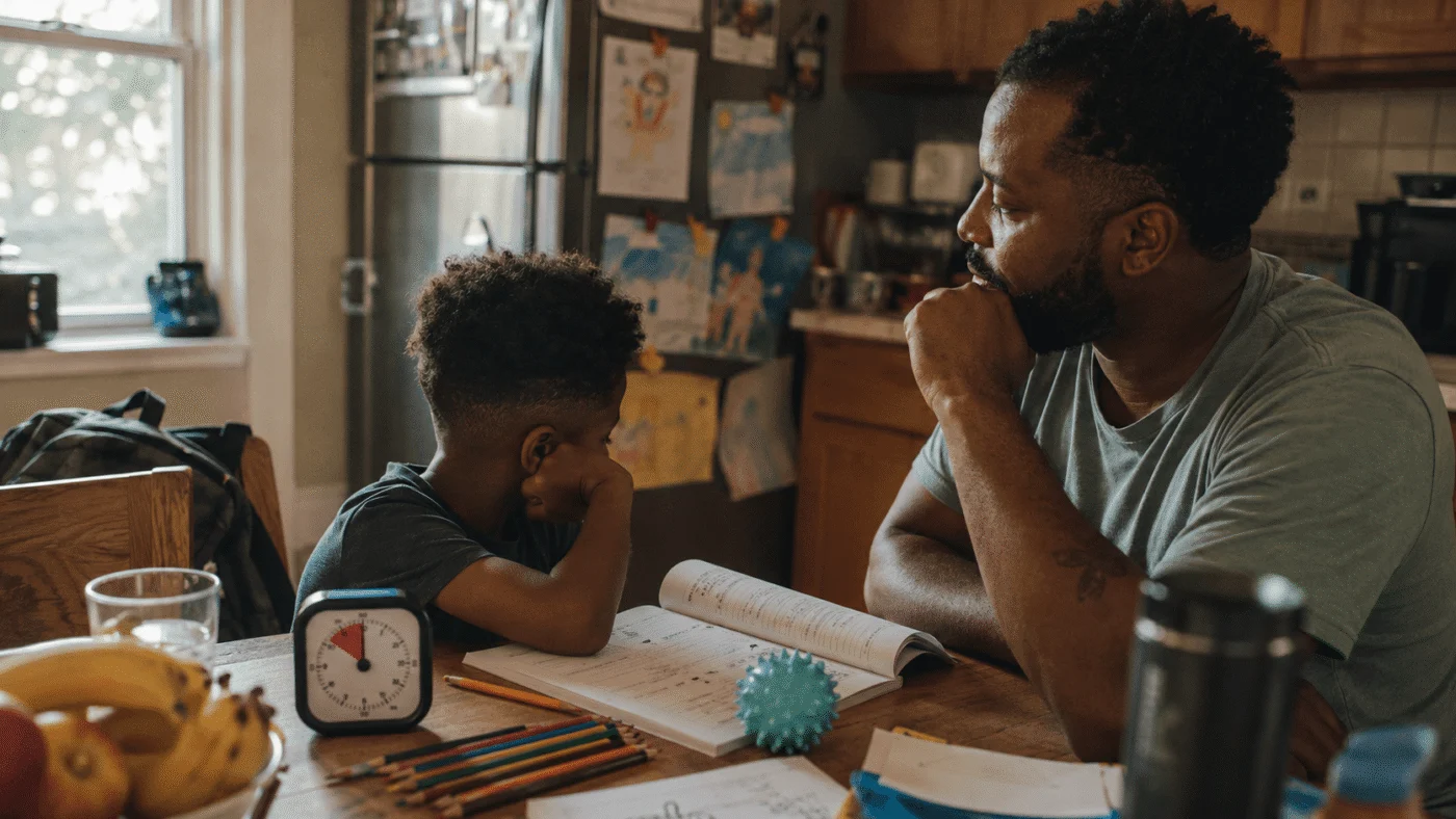 A discouraged boy rests his head on his hand over a workbook at the kitchen table while his father sits close beside him, listening without rushing to fix it