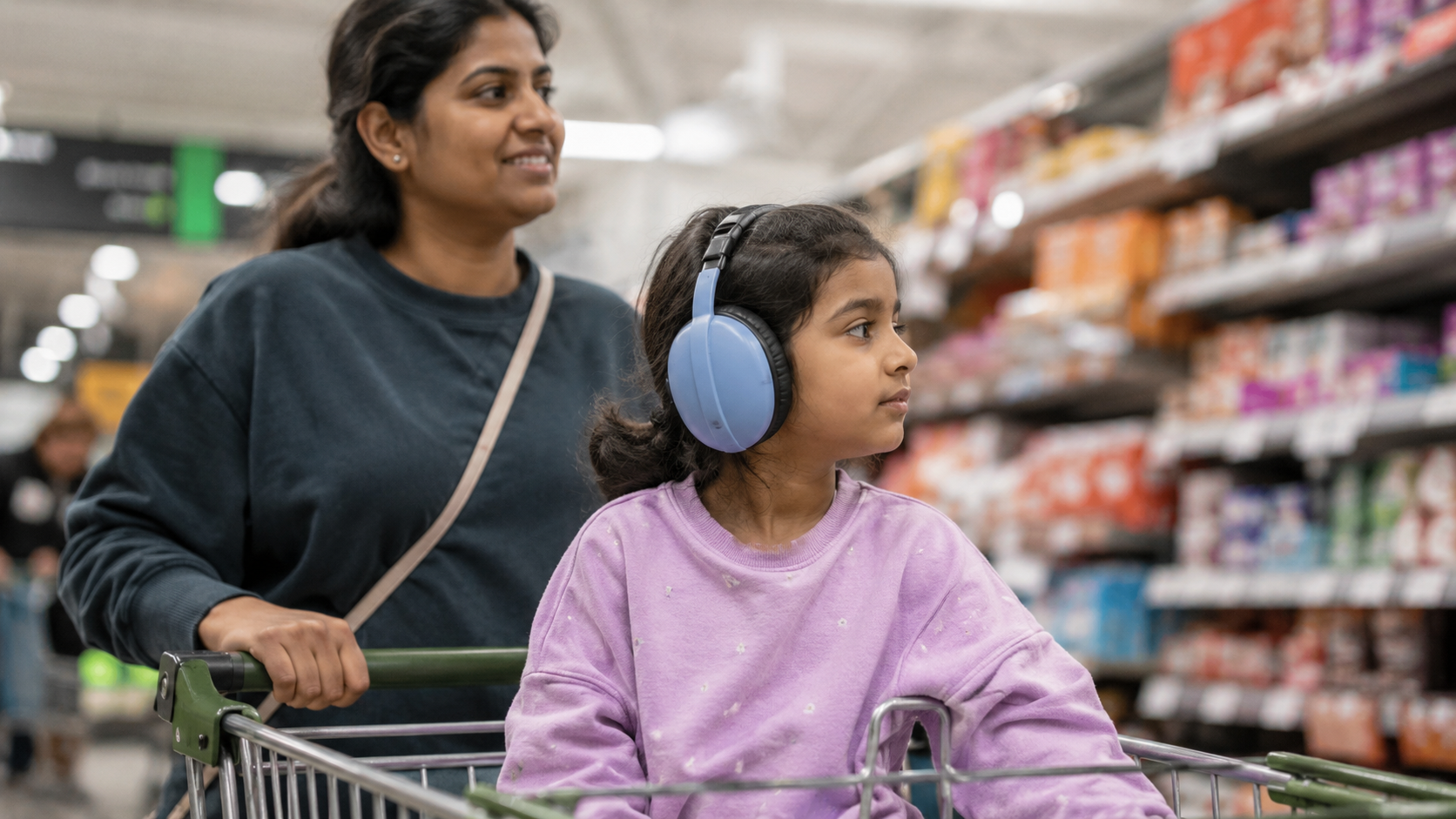 A young child wearing light-blue over-ear headphones stays calm and content in a shopping cart while a parent pushes it