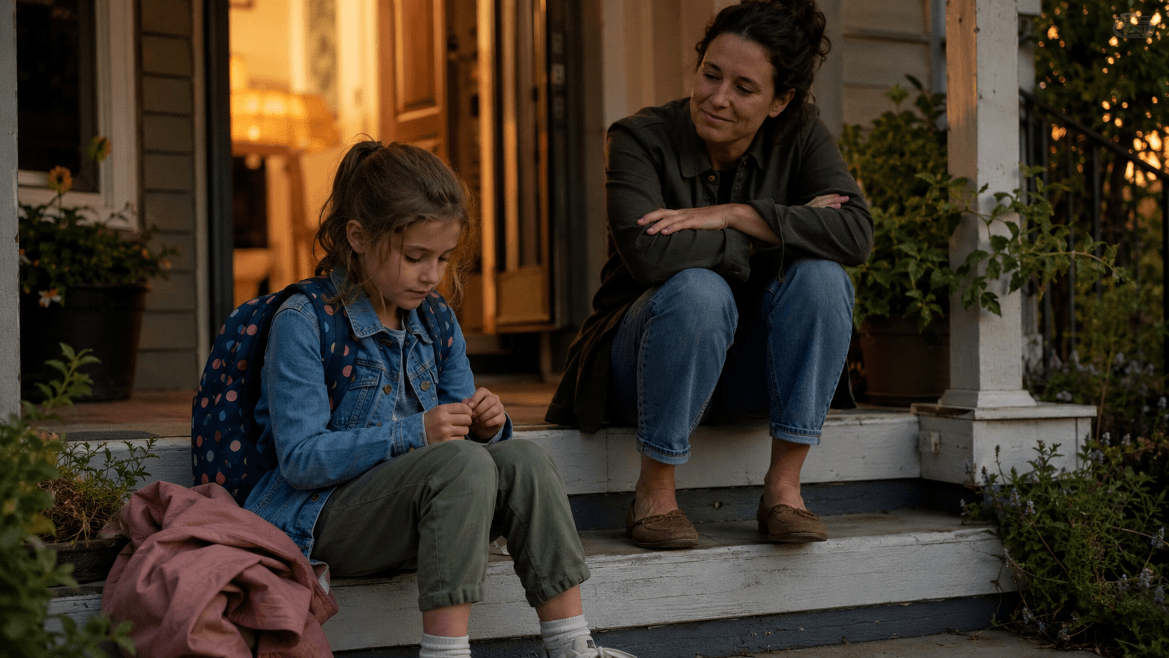 A mother sits close beside her young daughter on the front porch steps in warm evening light, the daughter looking down quietly at her hands while her mother watches with a gentle expression