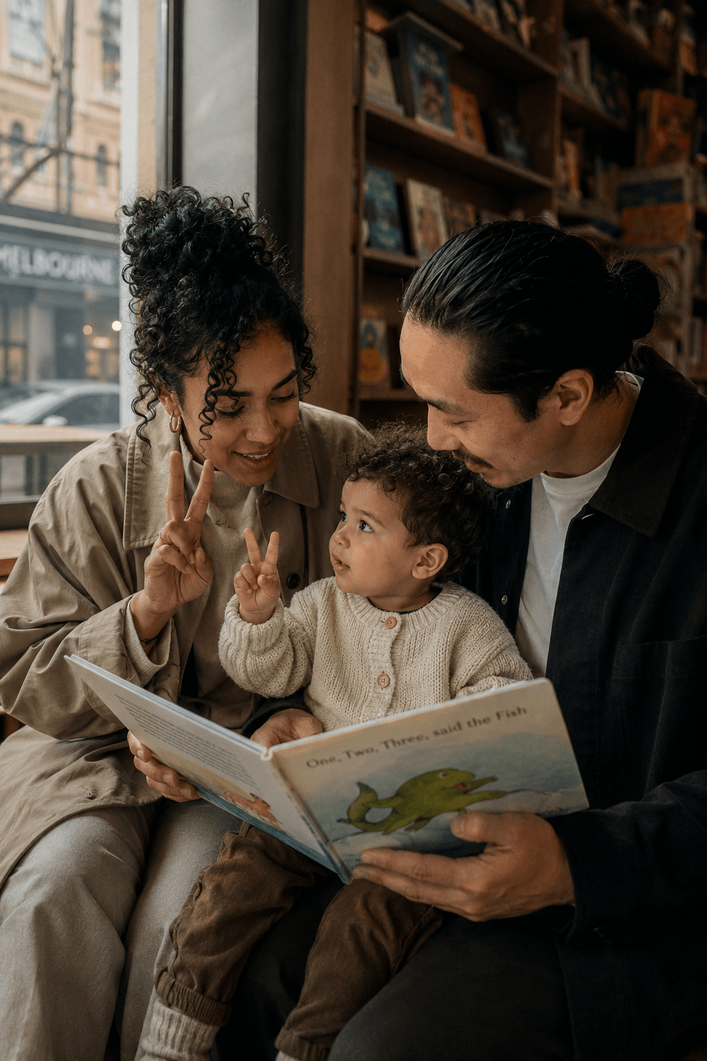 A mixed-heritage couple reads a picture book aloud with their toddler in a warm bookshop, the child holding up two fingers to count along