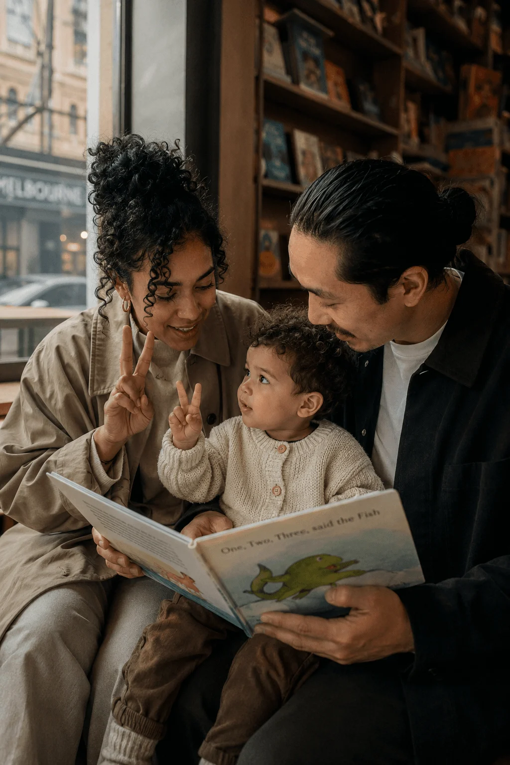 A mixed-heritage couple reads a picture book aloud with their toddler in a warm bookshop, the child holding up two fingers to count along