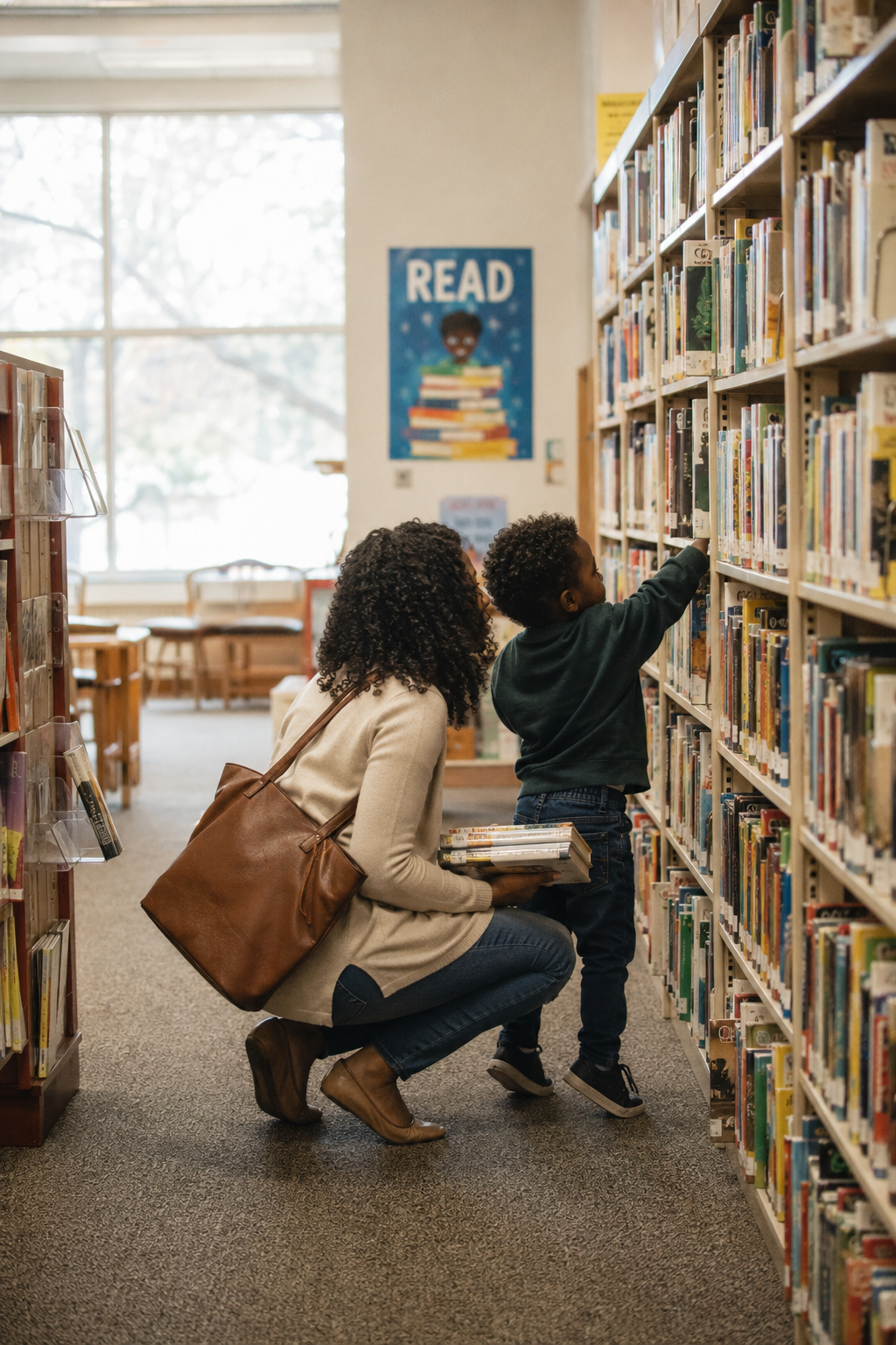 A Black mother crouches beside her young son in a library aisle holding his stack of picture books while he reaches up to the shelf, a READ poster on the wall behind