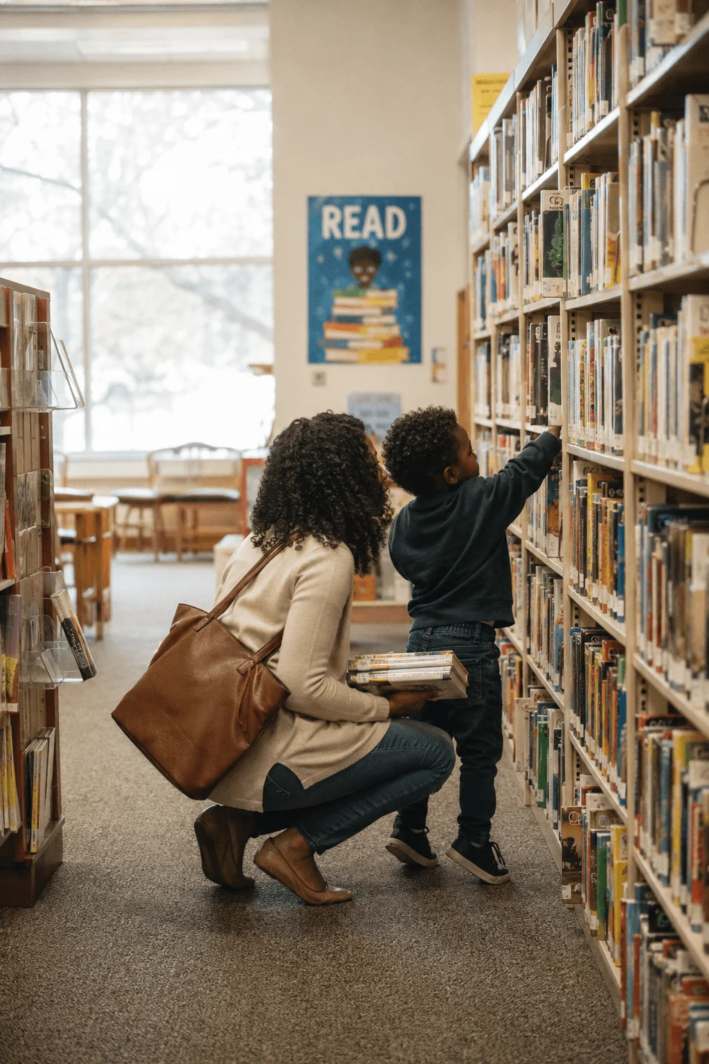 A Black mother crouches beside her young son in a library aisle holding his stack of picture books while he reaches up to the shelf, a READ poster on the wall behind