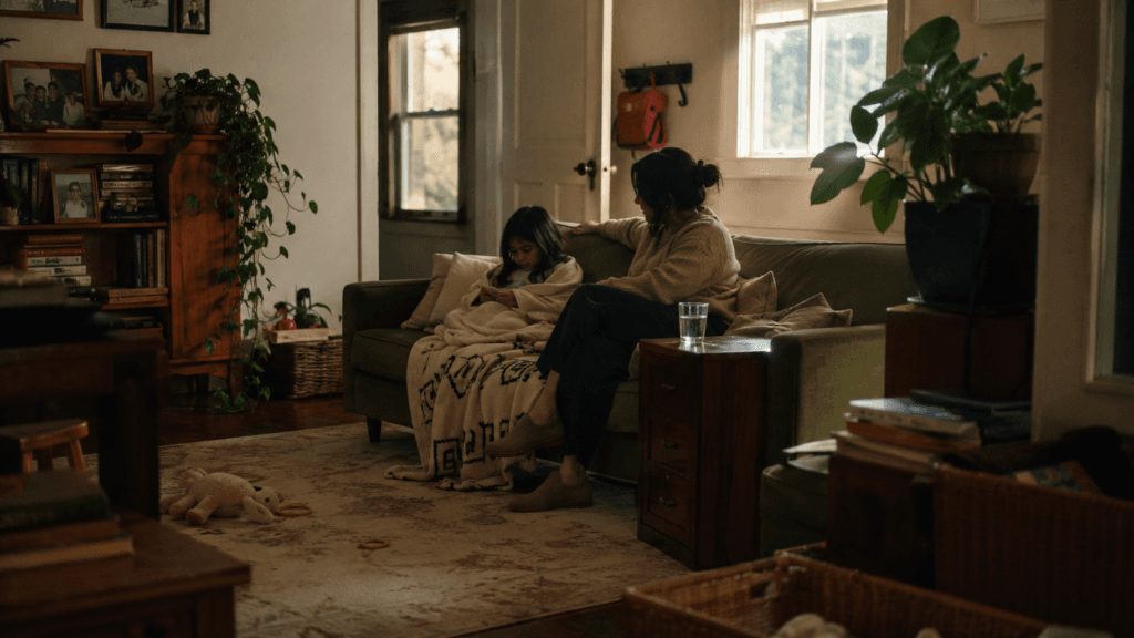 A Latina mother and her daughter sit close together on a green sofa in a book-filled living room at dusk, the girl looking down at something in her lap under a blanket