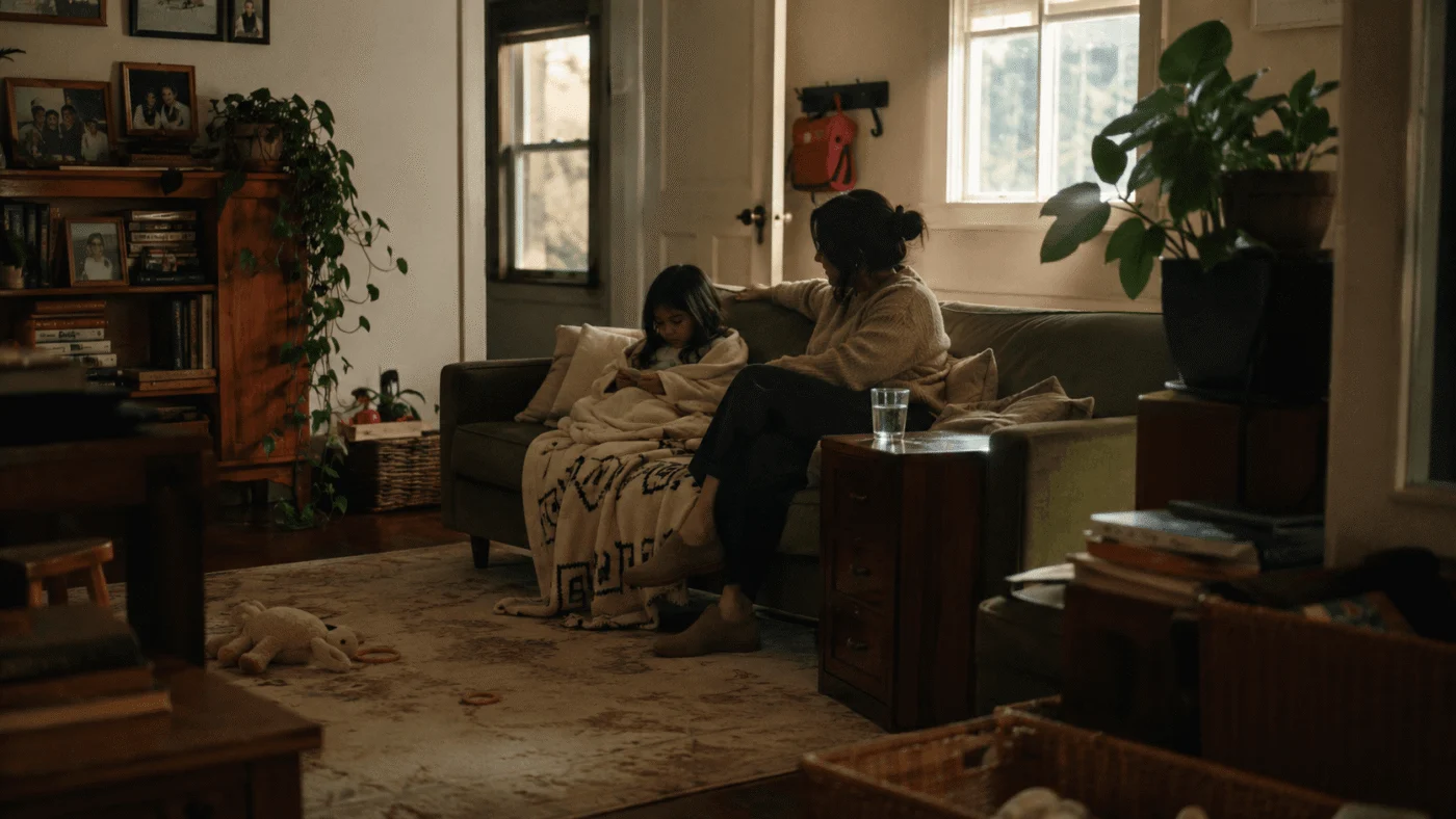 A Latina mother and her daughter sit close together on a green sofa in a book-filled living room at dusk, the girl looking down at something in her lap under a blanket