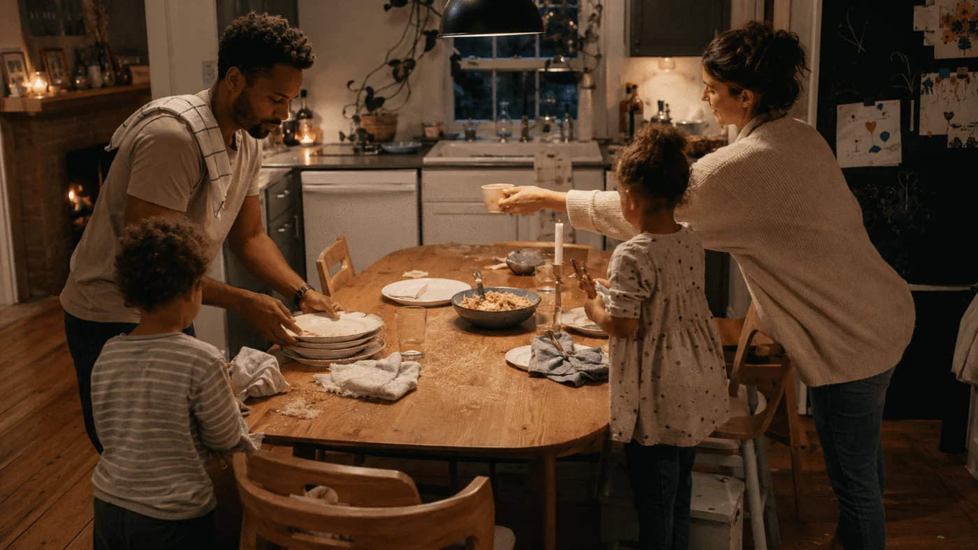 Two parents and two children setting a candlelit dinner table in a warm kitchen on a winter evening