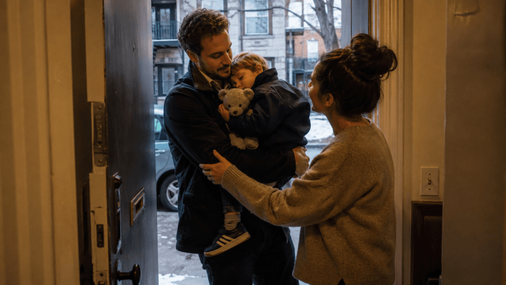 A father stands in a doorway at night holding his sleeping son, handing him over to the boy's mother who reaches out to take him