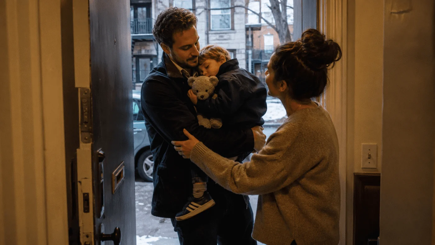 A father stands in a doorway at night holding his sleeping son, handing him over to the boy's mother who reaches out to take him