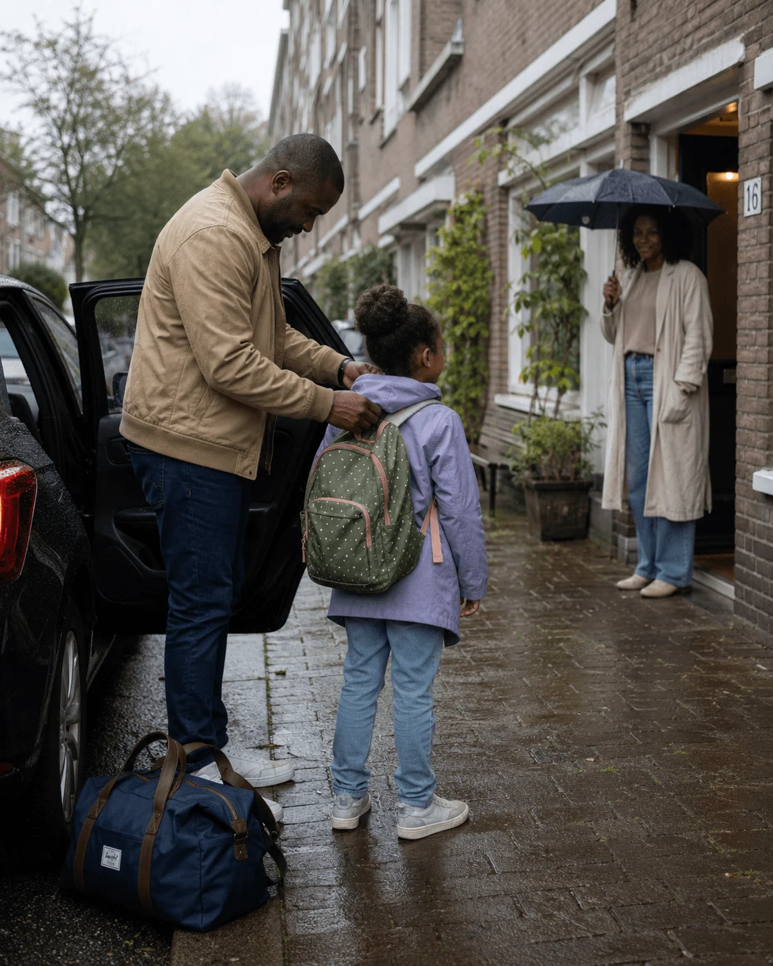 A father adjusts his daughter's backpack beside an open car door on a wet street while her mother waits under an umbrella in the doorway, an overnight bag on the pavement