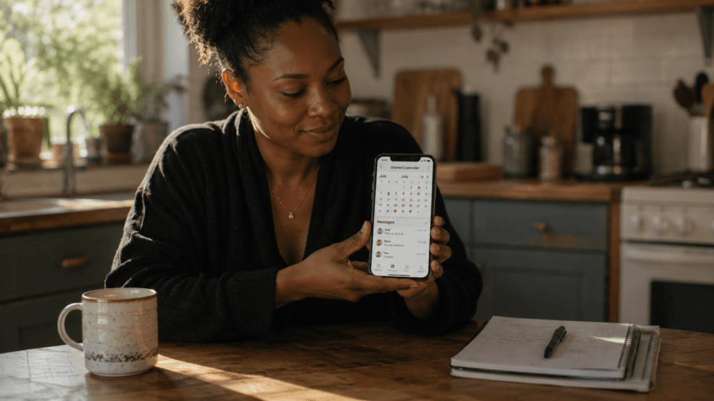 Black mother sitting at kitchen table reviewing a co-parenting app on her phone, warm morning light