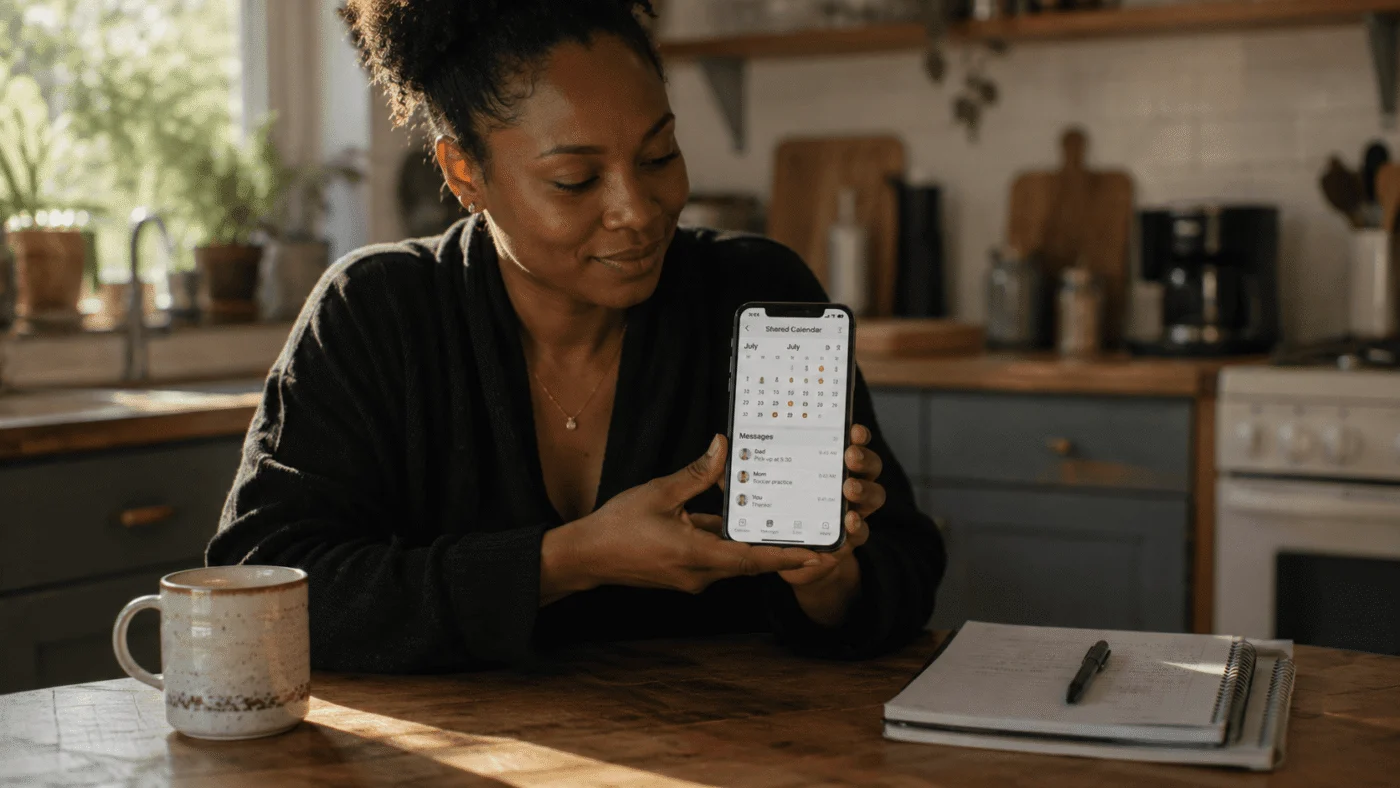 Black mother at kitchen table checking co-parenting app on her phone, warm morning light