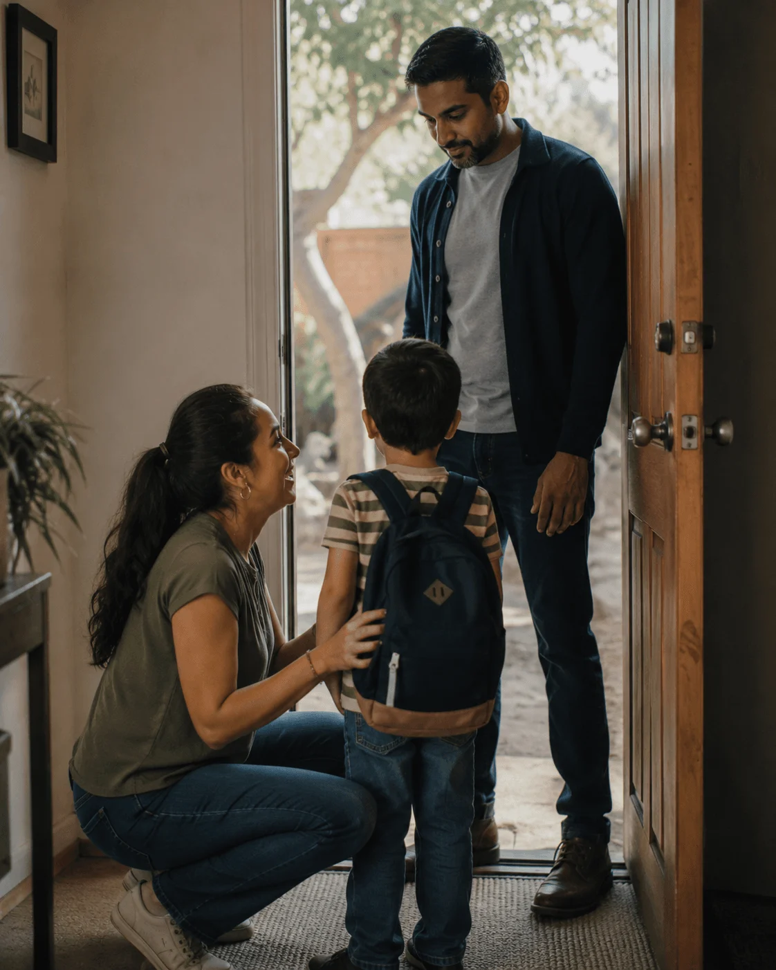 Latina mother and South Asian father doing a calm handover at the front door, young boy with backpack