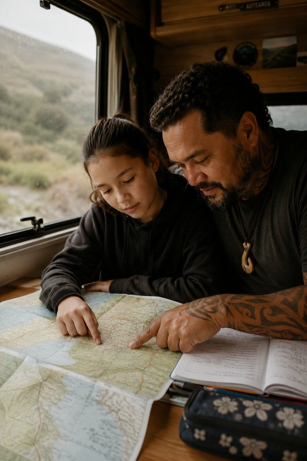 Dad daughter map campervan maori newzealand