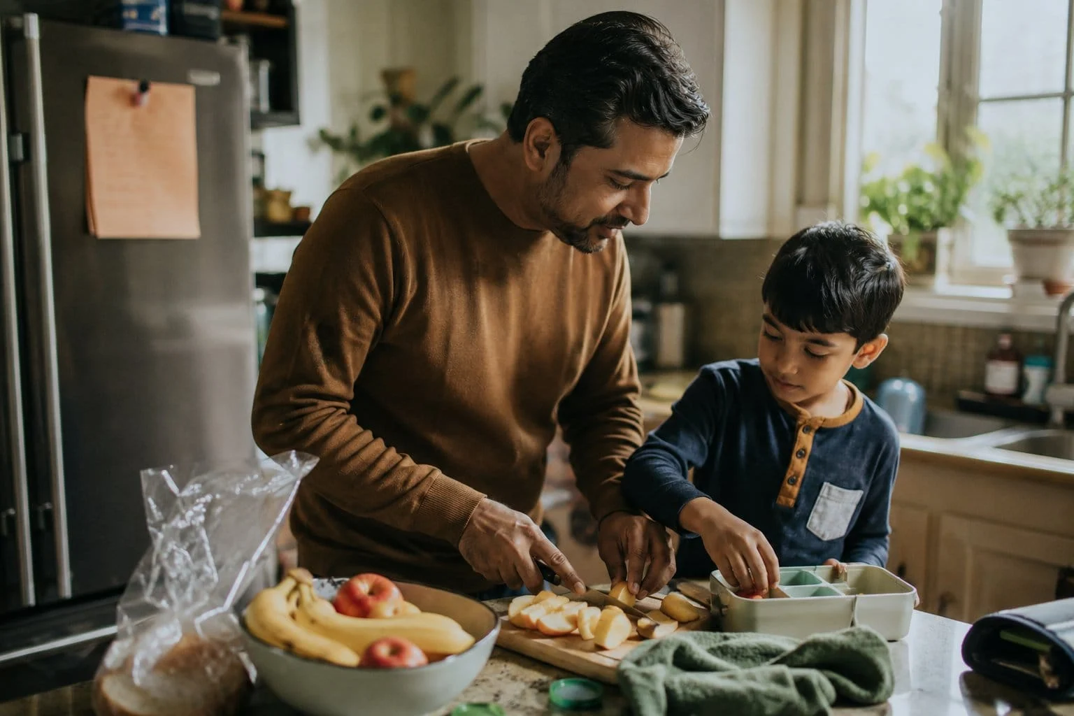 Father and son preparing fruit for a school lunchbox