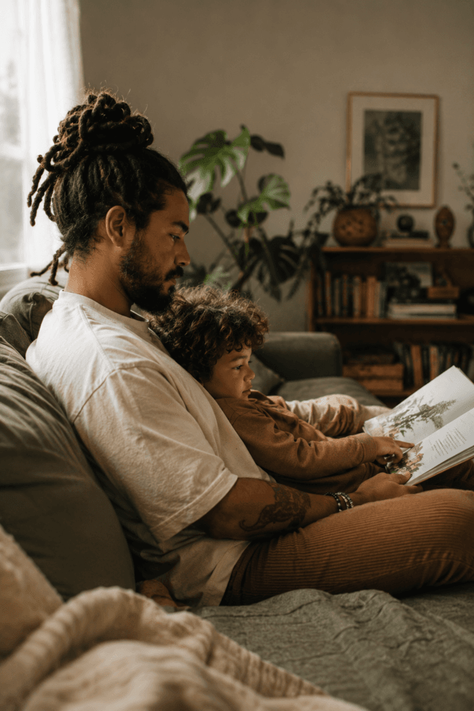 A father sits close with his young son on the couch, reading a picture book together