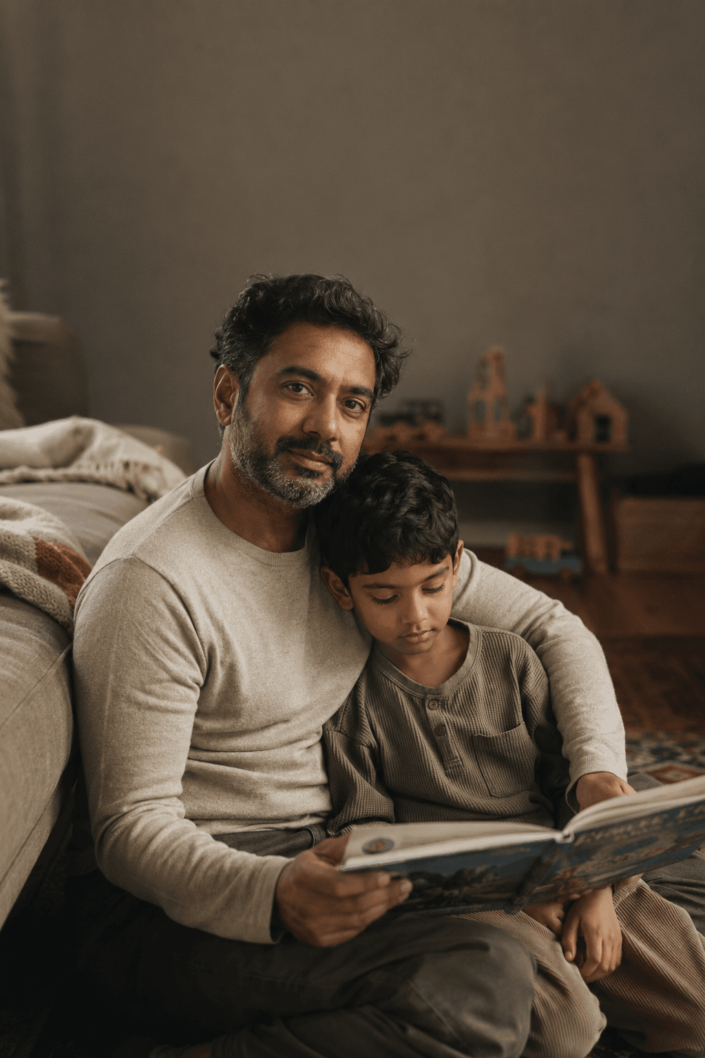 A father and young son read a picture book together closely on the couch