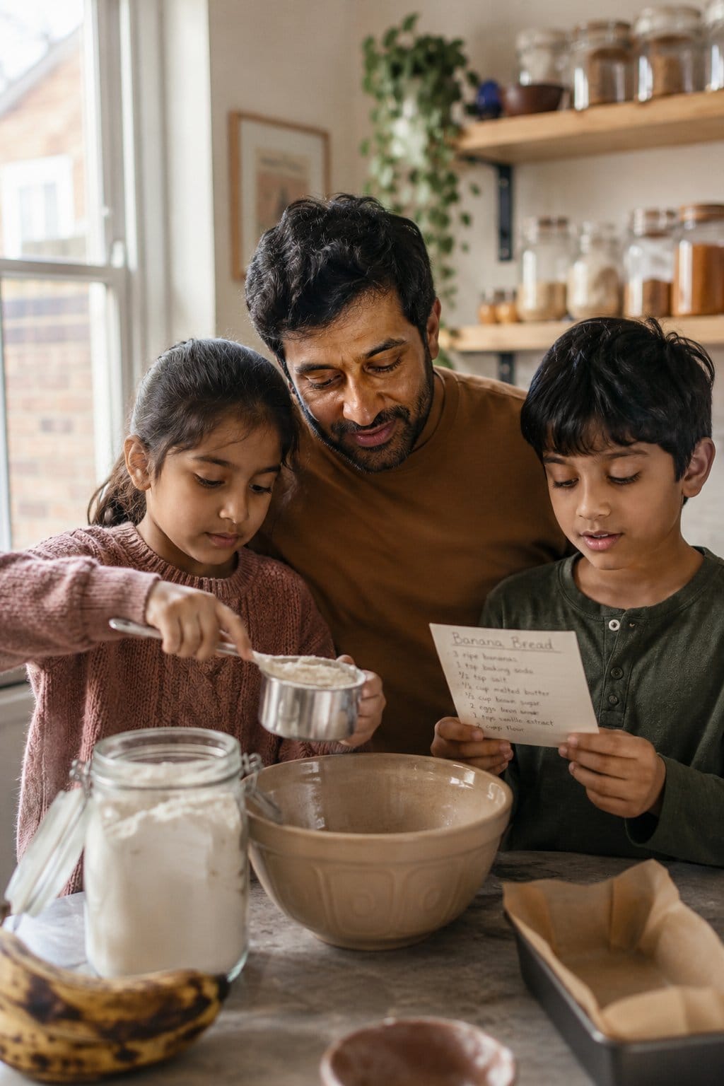 Dad two kids baking recipe kitchen southasian