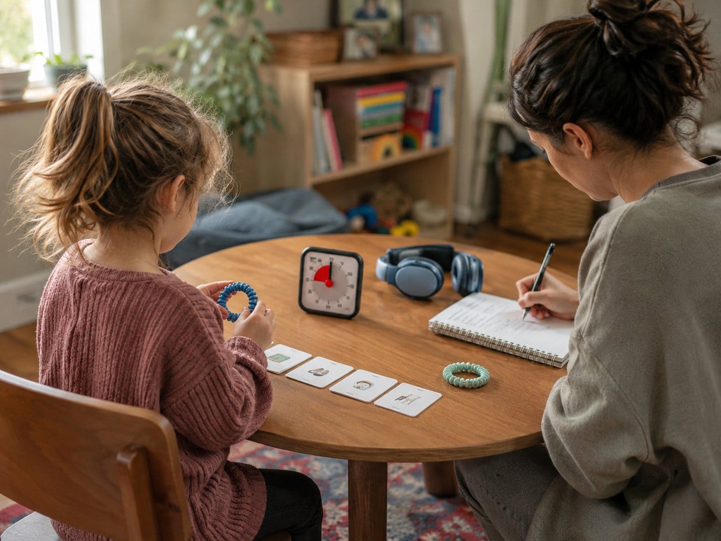 Mother and daughter using a visual schedule and timer at a table