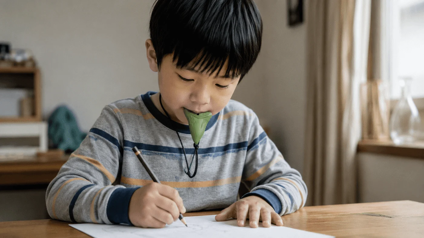 A calm school-aged child wearing a silicone chew necklace, chewing the pendant while concentrating on drawing at a table