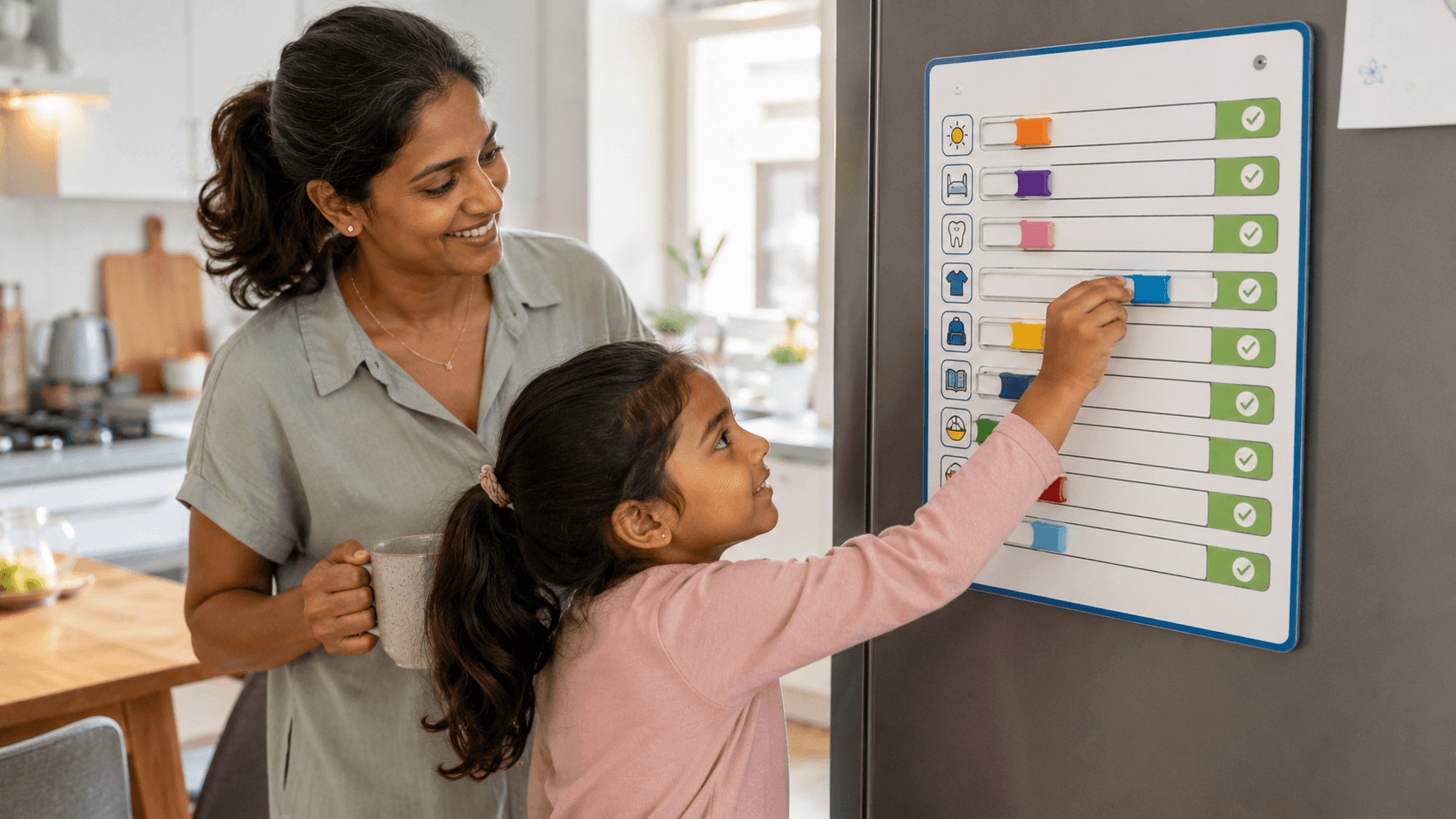 A young child at the fridge moving a slider on a colourful magnetic chore chart while a parent looks on in a bright kitchen
