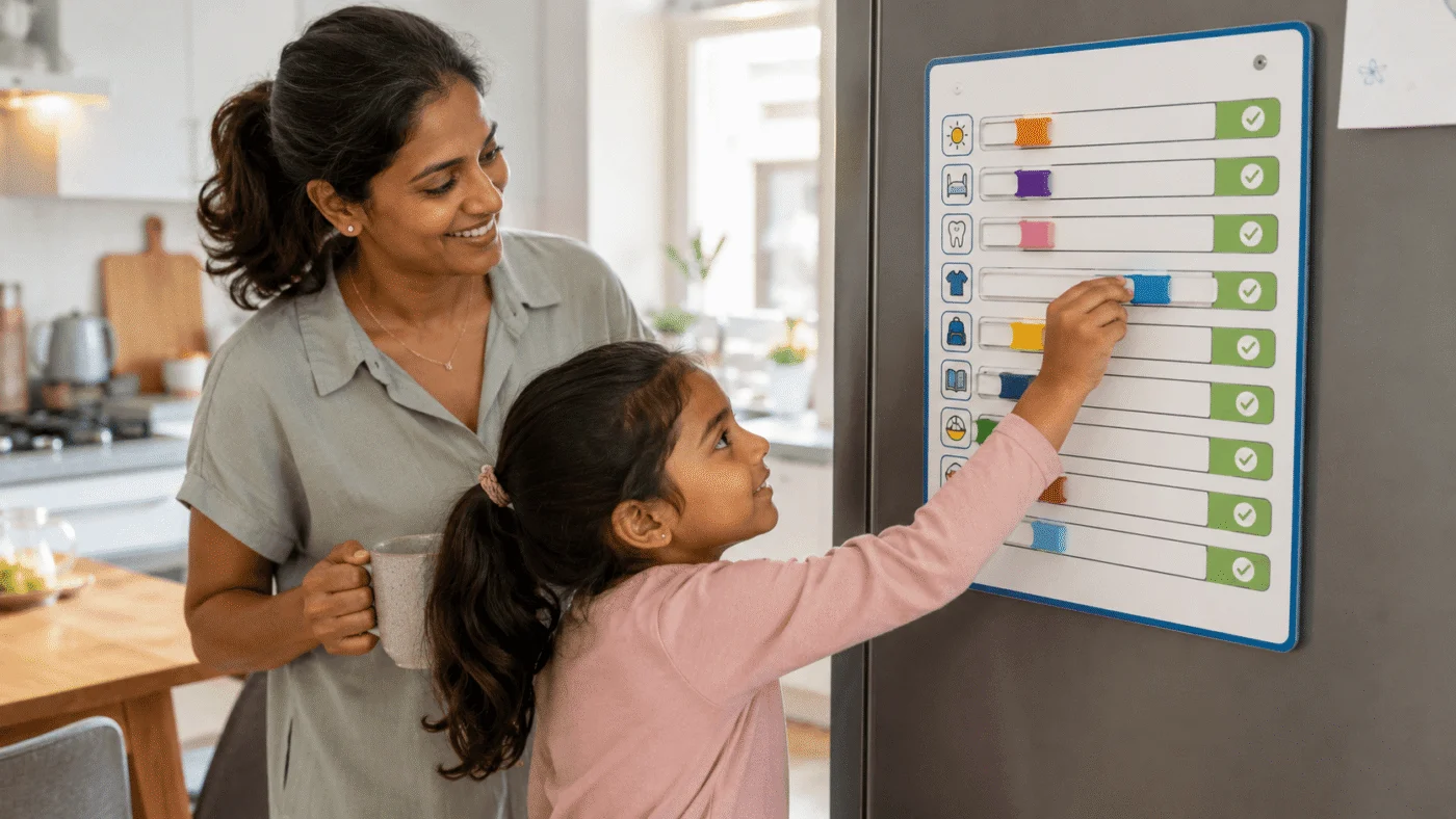 A young child at the fridge moving a slider on a colourful magnetic chore chart while a parent looks on in a bright kitchen