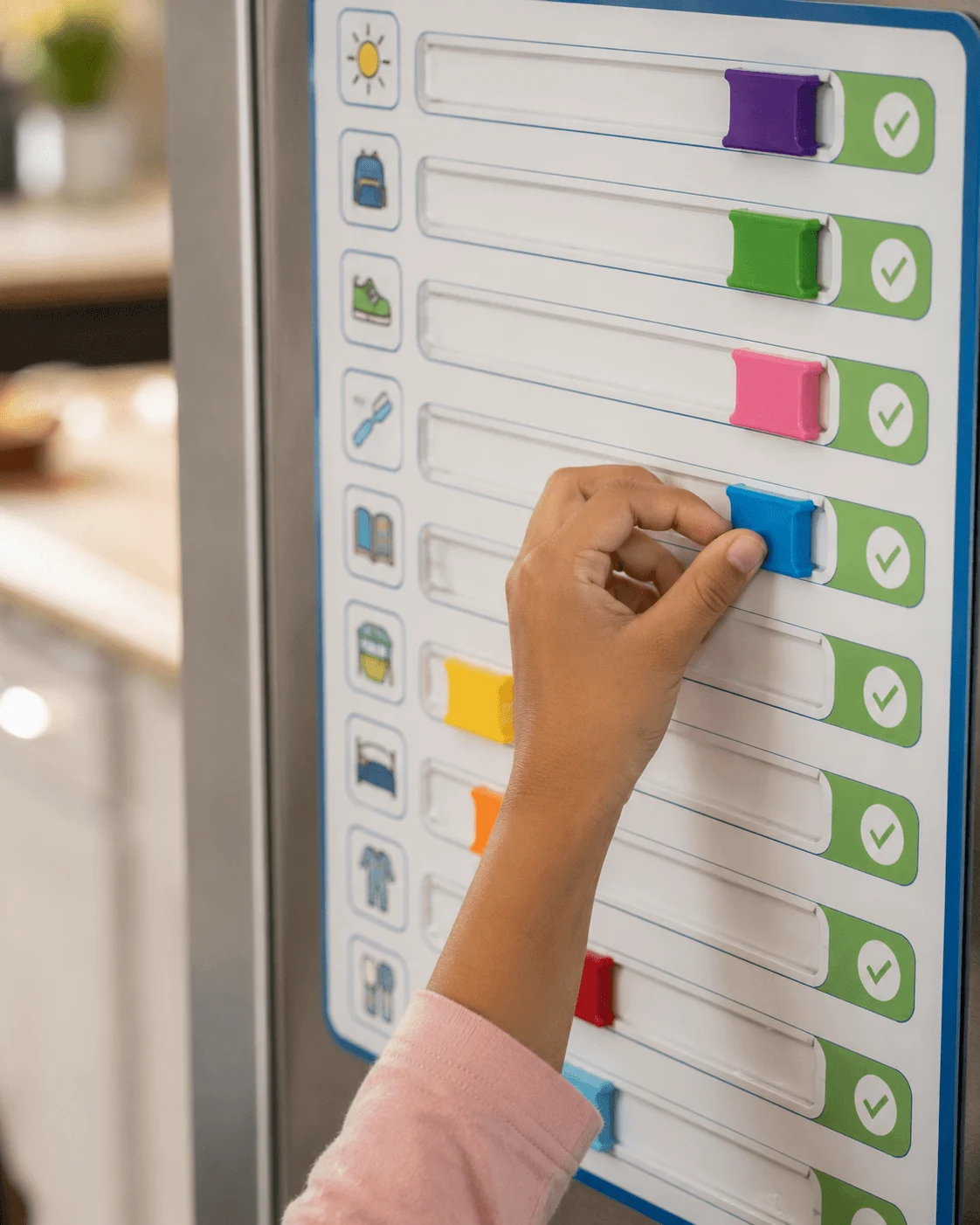 Close-up of a child's hand sliding a task marker across a magnetic routine chart on the fridge