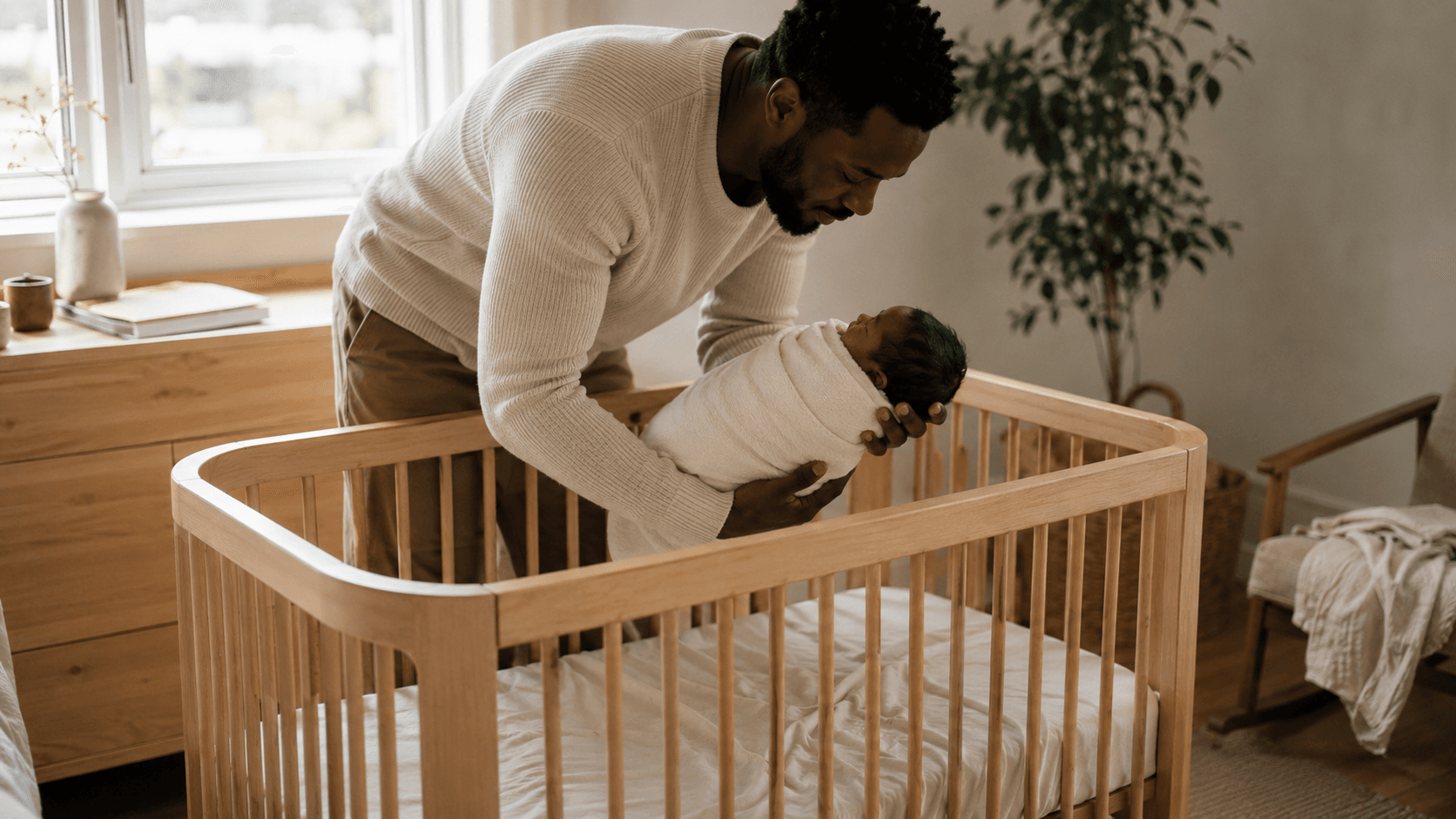 A modern light-wood convertible crib in a bright, minimalist nursery, a parent gently lowering a baby onto the mattress in soft morning light