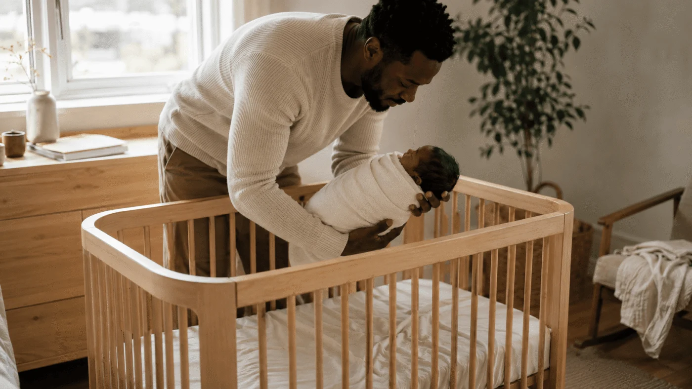 A modern light-wood convertible crib in a bright, minimalist nursery, a parent gently lowering a baby onto the mattress in soft morning light