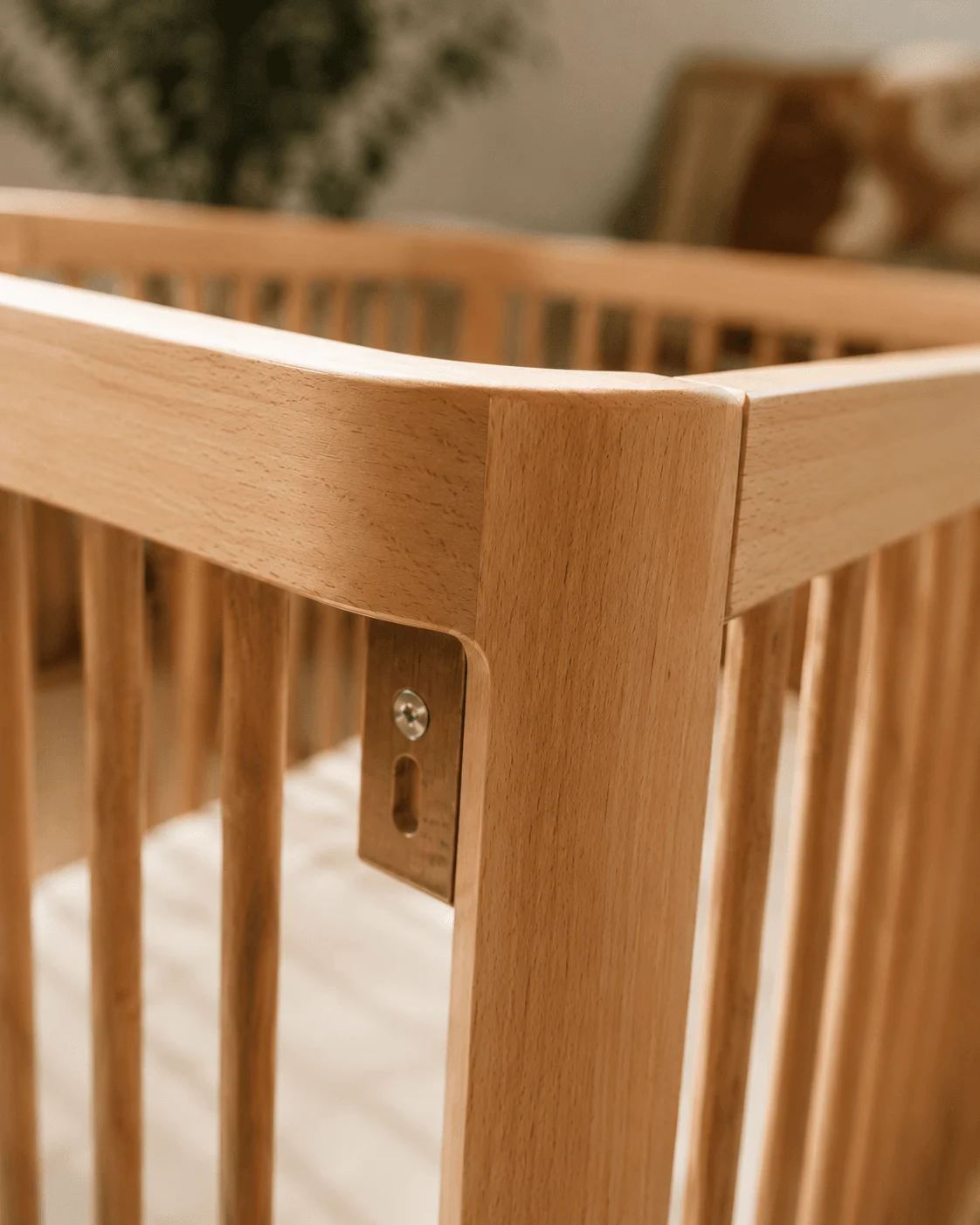 Close-up of the solid beechwood corner joinery and the adjustable mattress-height rail of a modern crib