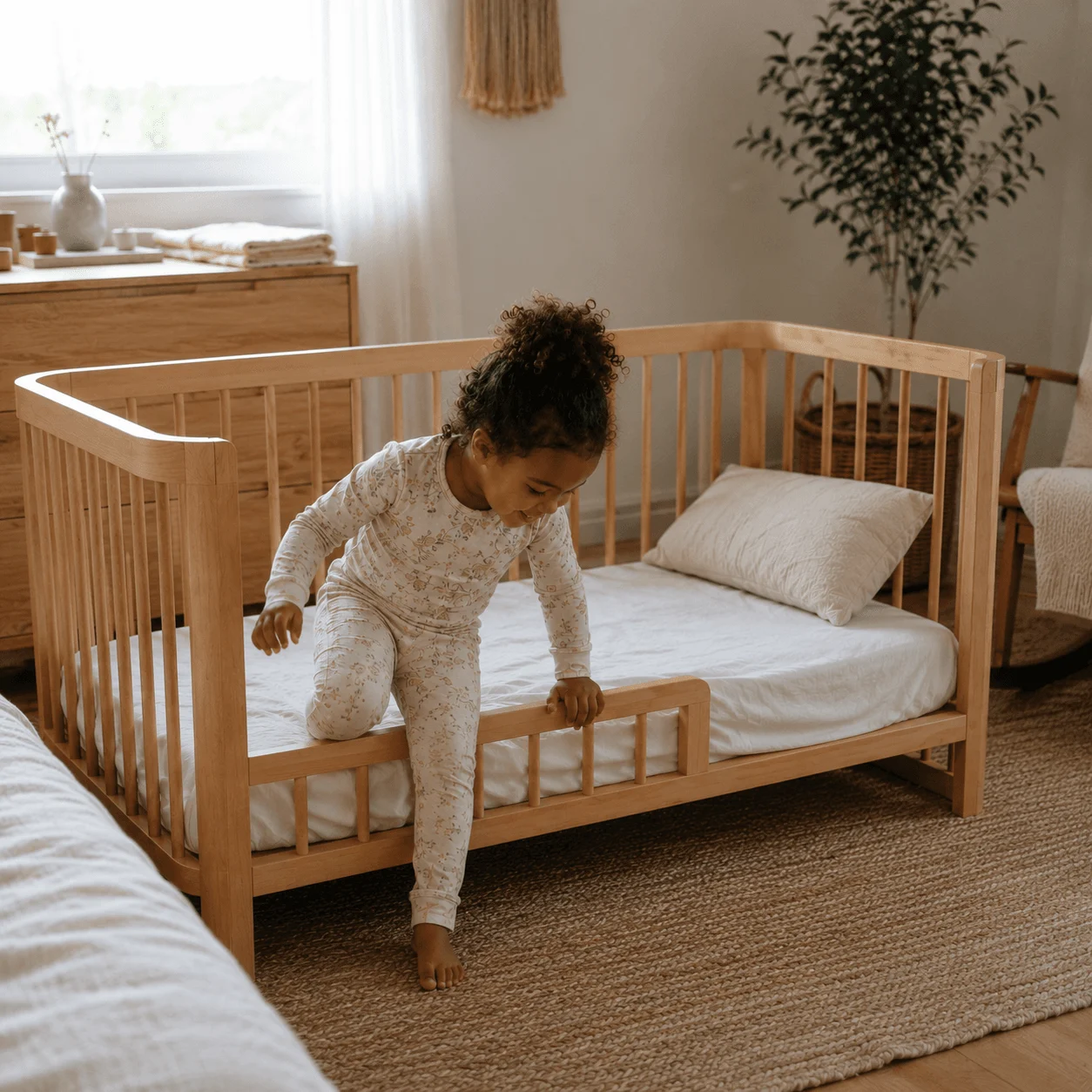 The same crib converted into a toddler bed, a young child climbing in on their own in a sunlit room