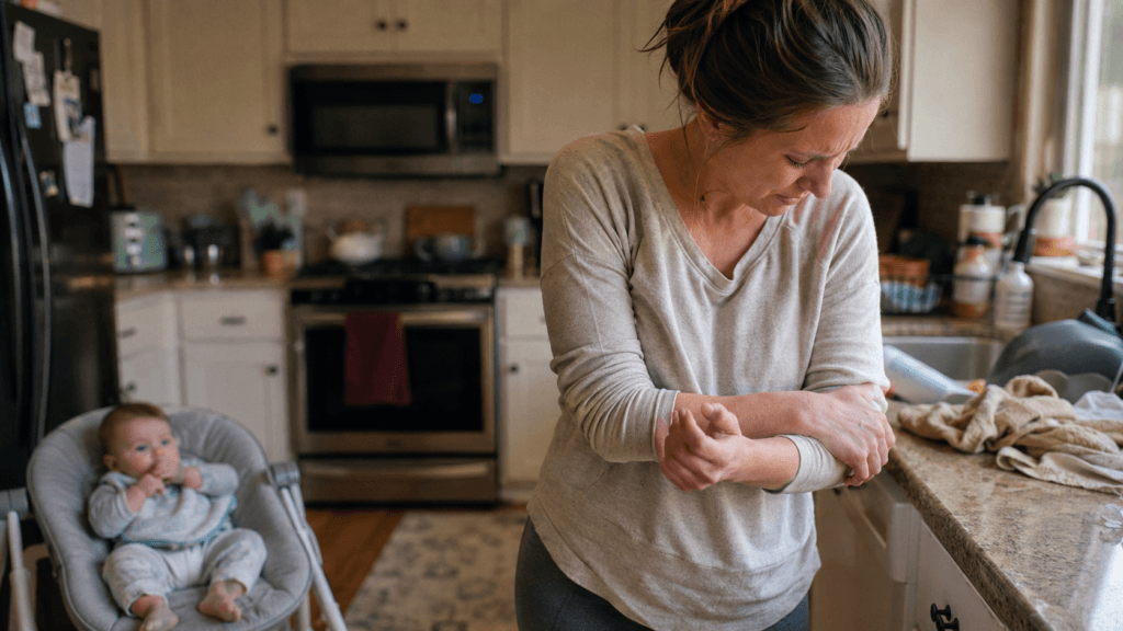 A parent holds a sore wrist at the kitchen counter while a baby sits nearby in a bouncer