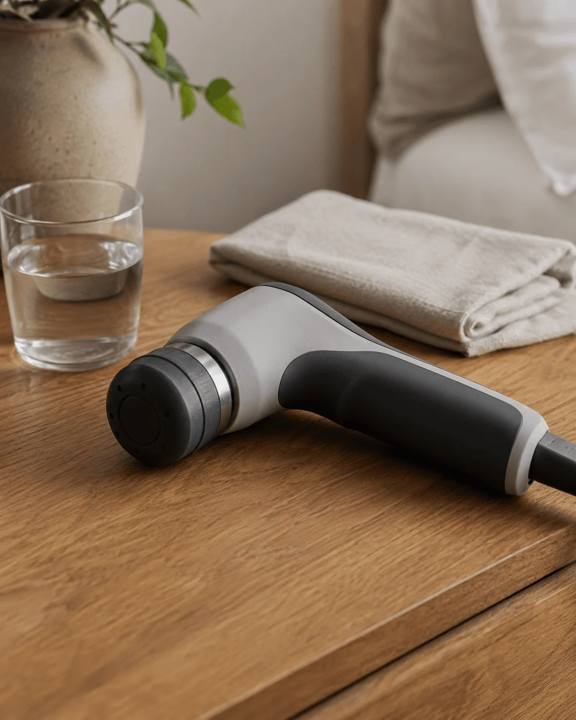 A shockwave therapy device applicator resting on a clean surface, a professional-grade home treatment tool