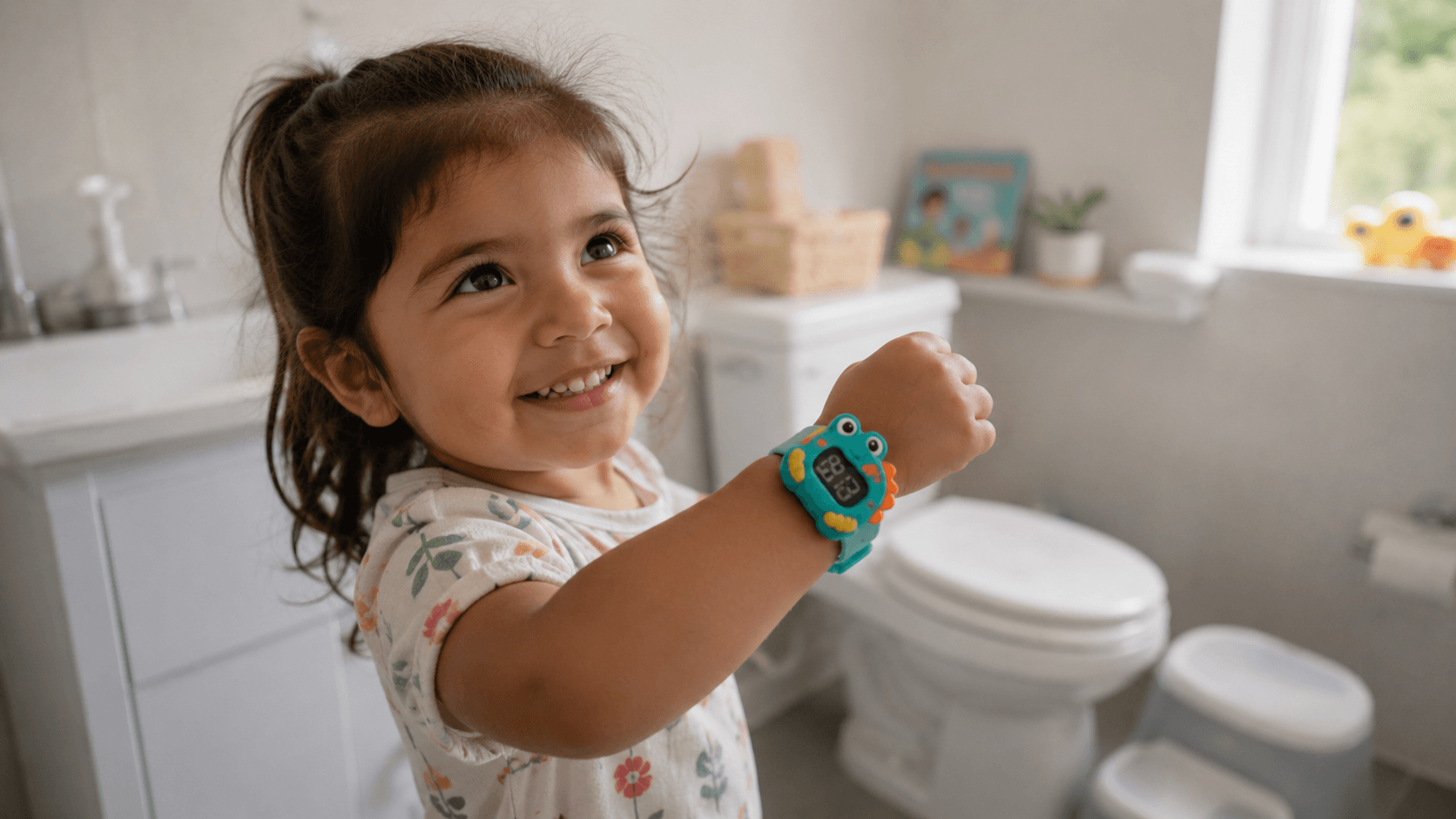 A happy toddler in a bright bathroom proudly showing a colourful potty training watch on their wrist