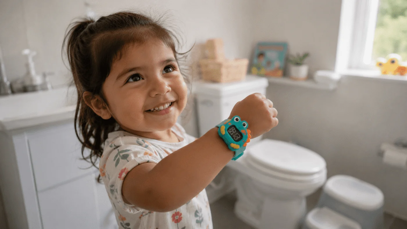 A happy toddler in a bright bathroom proudly showing a colourful potty training watch on their wrist