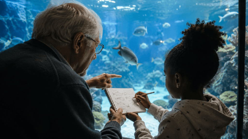 Grandfather and child drawing together during an aquarium visit