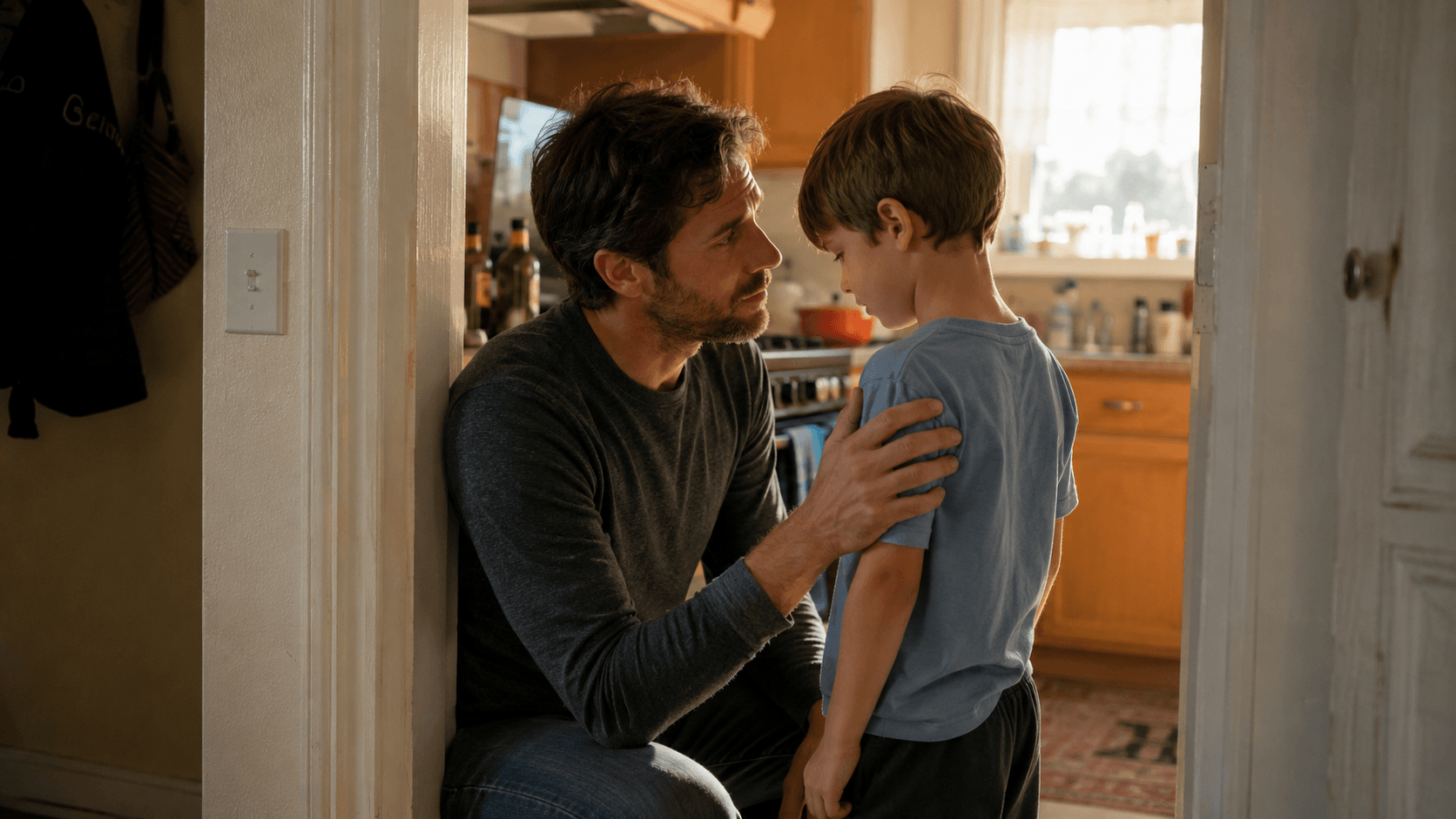 A father crouches at his young son's eye level in a warm kitchen doorway, one hand resting on the boy's shoulder, after a small correction the boy's face has fallen
